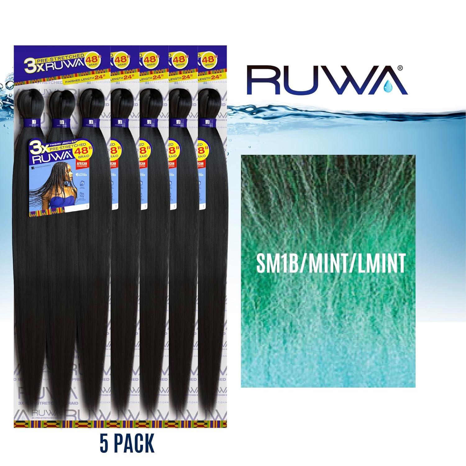 imageSensationnel Ruwa prestretched braiding hair 3x 48 inch water repellent kanekalon fast dry synthetic sports itch free 3 pack 1 JETBLACKSM1BMINTLMINT