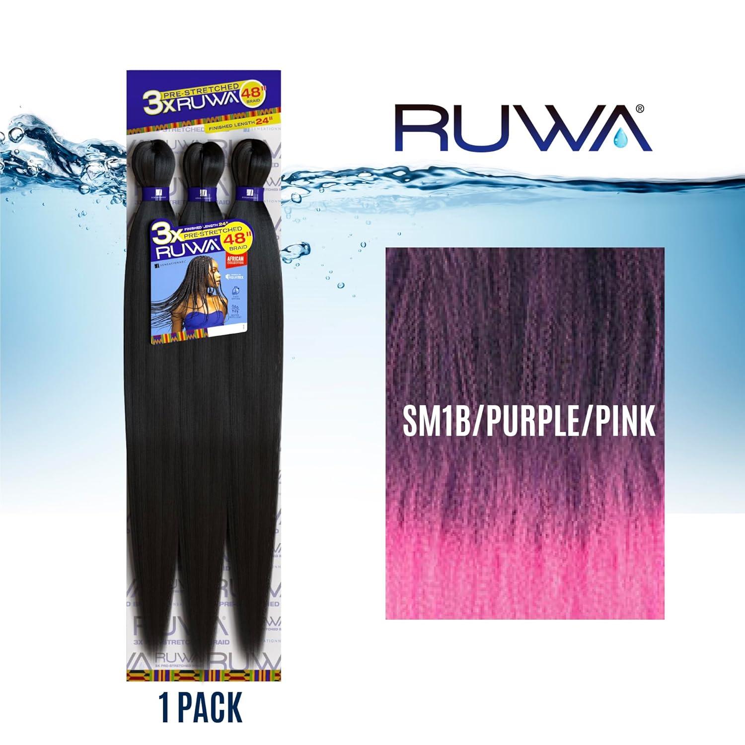 imageSensationnel Ruwa prestretched braiding hair 3x 48 inch water repellent kanekalon fast dry synthetic sports itch free 3 pack 1 JETBLACKSM1BPURPLEPINK