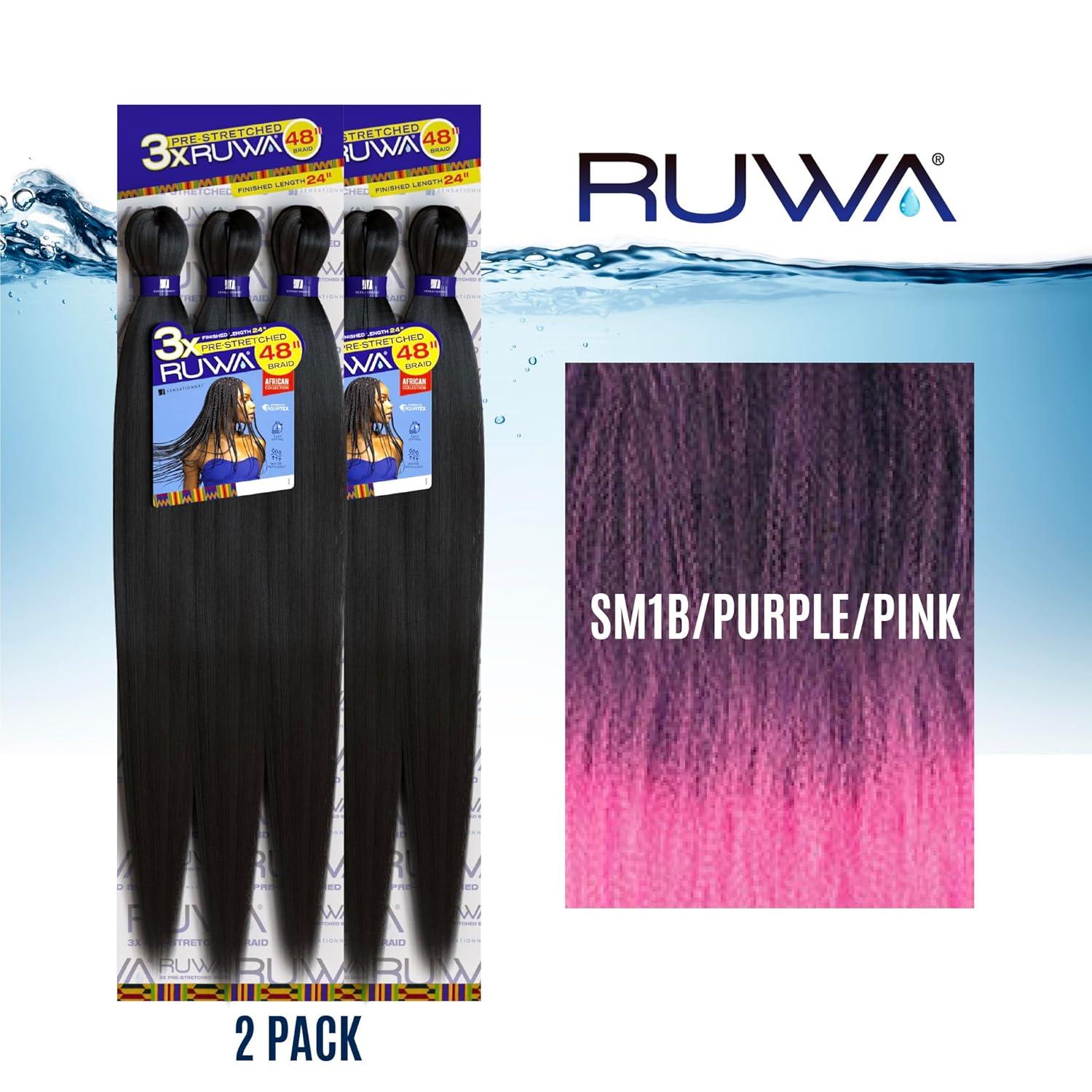 imageSensationnel Ruwa prestretched braiding hair 3x 48 inch water repellent kanekalon fast dry synthetic sports itch free 3 pack 1 JETBLACKSM1BPURPLEPINK