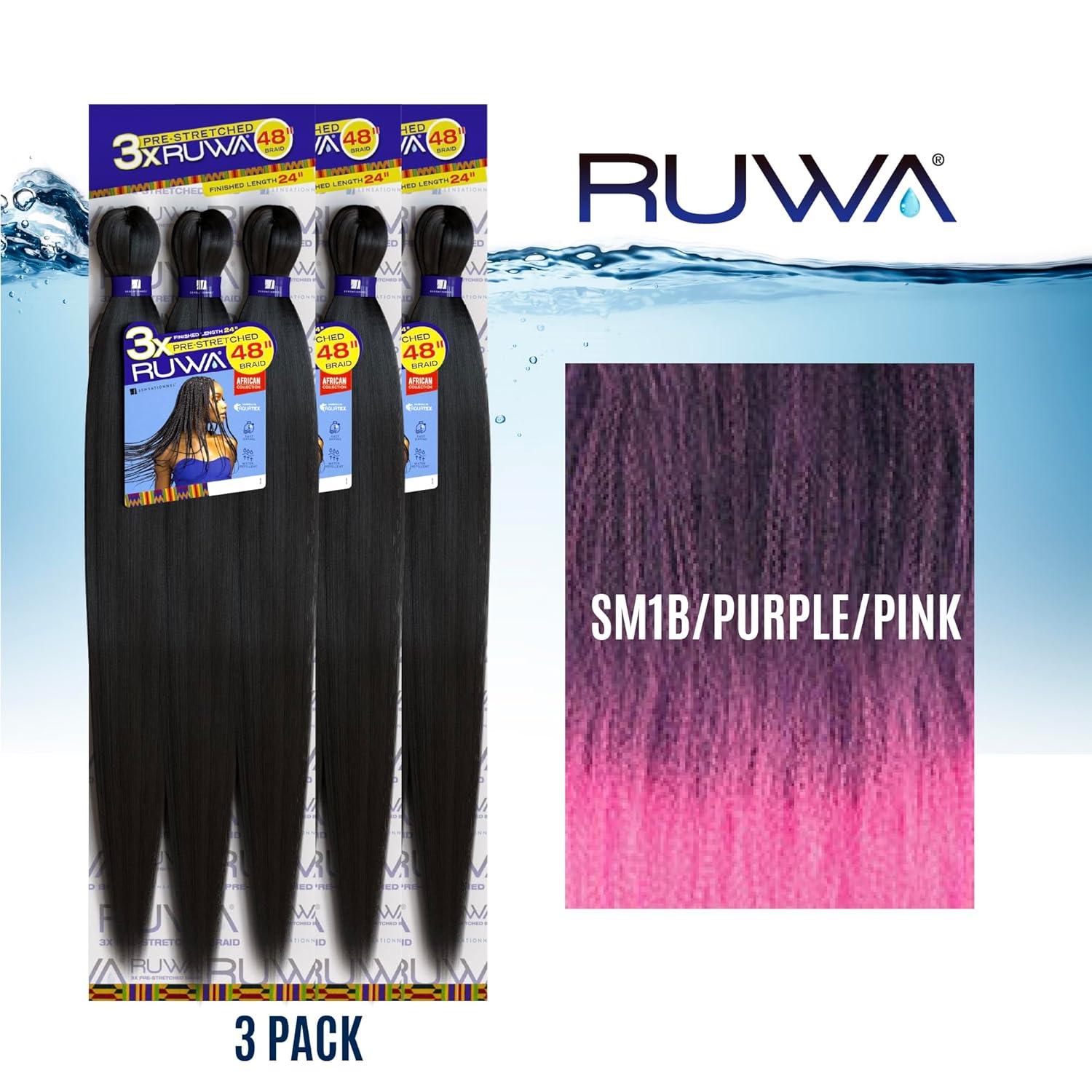 imageSensationnel Ruwa prestretched braiding hair 3x 48 inch water repellent kanekalon fast dry synthetic sports itch free 3 pack 1 JETBLACKSM1BPURPLEPINK