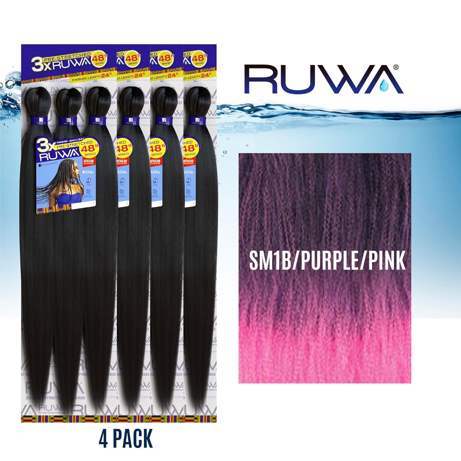 imageSensationnel Ruwa prestretched braiding hair 3x 48 inch water repellent kanekalon fast dry synthetic sports itch free 3 pack 1 JETBLACKSM1BPURPLEPINK