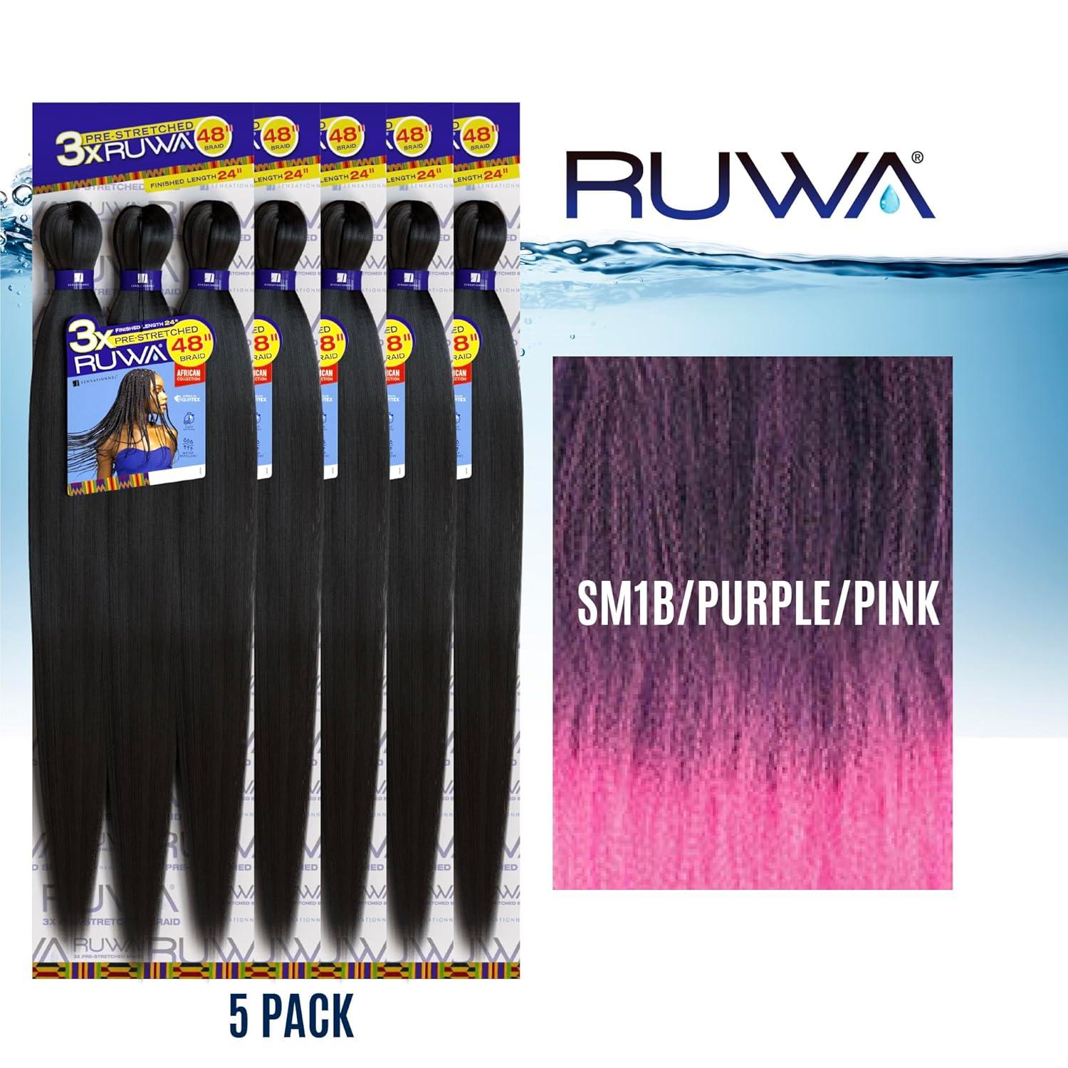 imageSensationnel Ruwa prestretched braiding hair 3x 48 inch water repellent kanekalon fast dry synthetic sports itch free 3 pack 1 JETBLACKSM1BPURPLEPINK