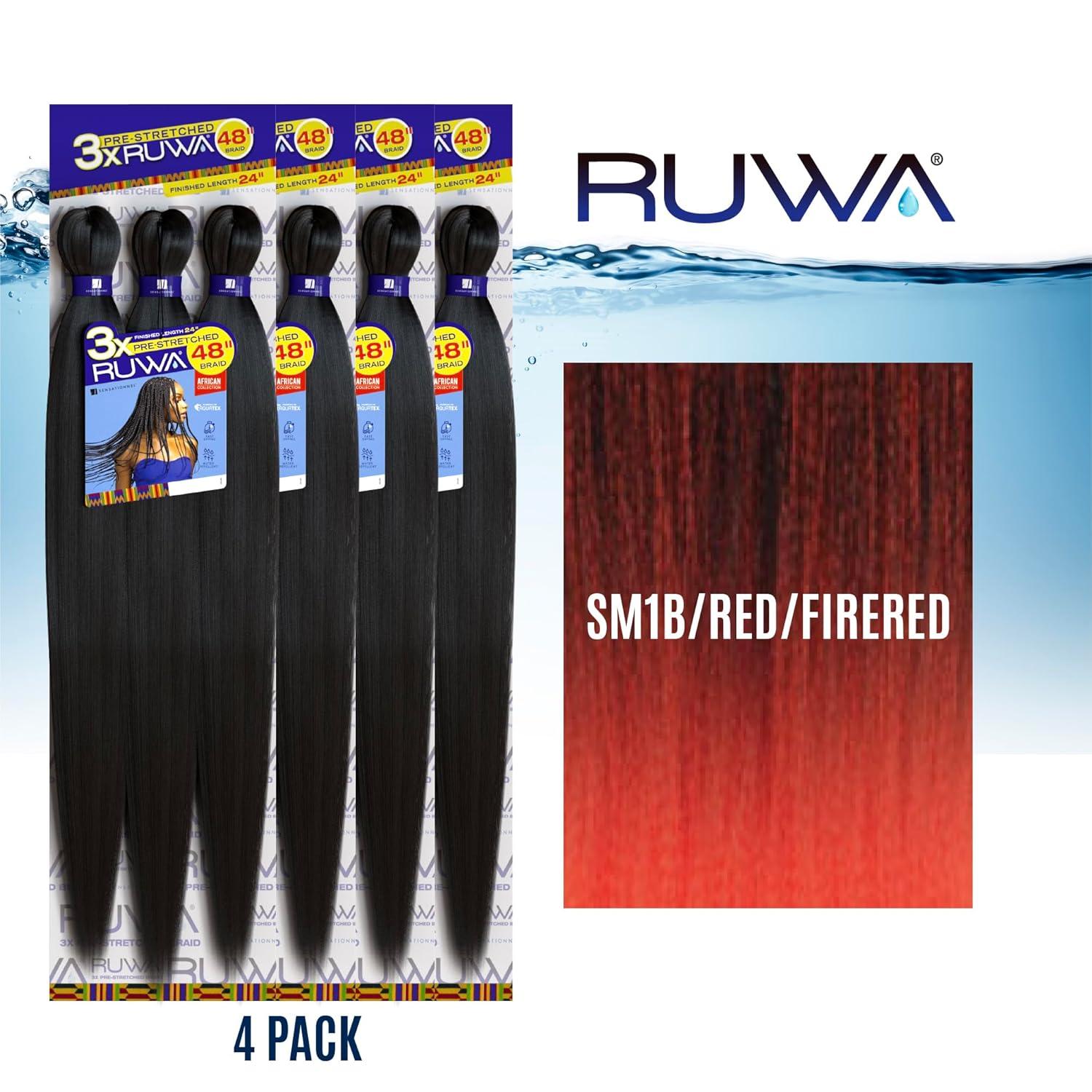 imageSensationnel Ruwa prestretched braiding hair 3x 48 inch water repellent kanekalon fast dry synthetic sports itch free 3 pack 1 JETBLACKSM1BREDFIRERED