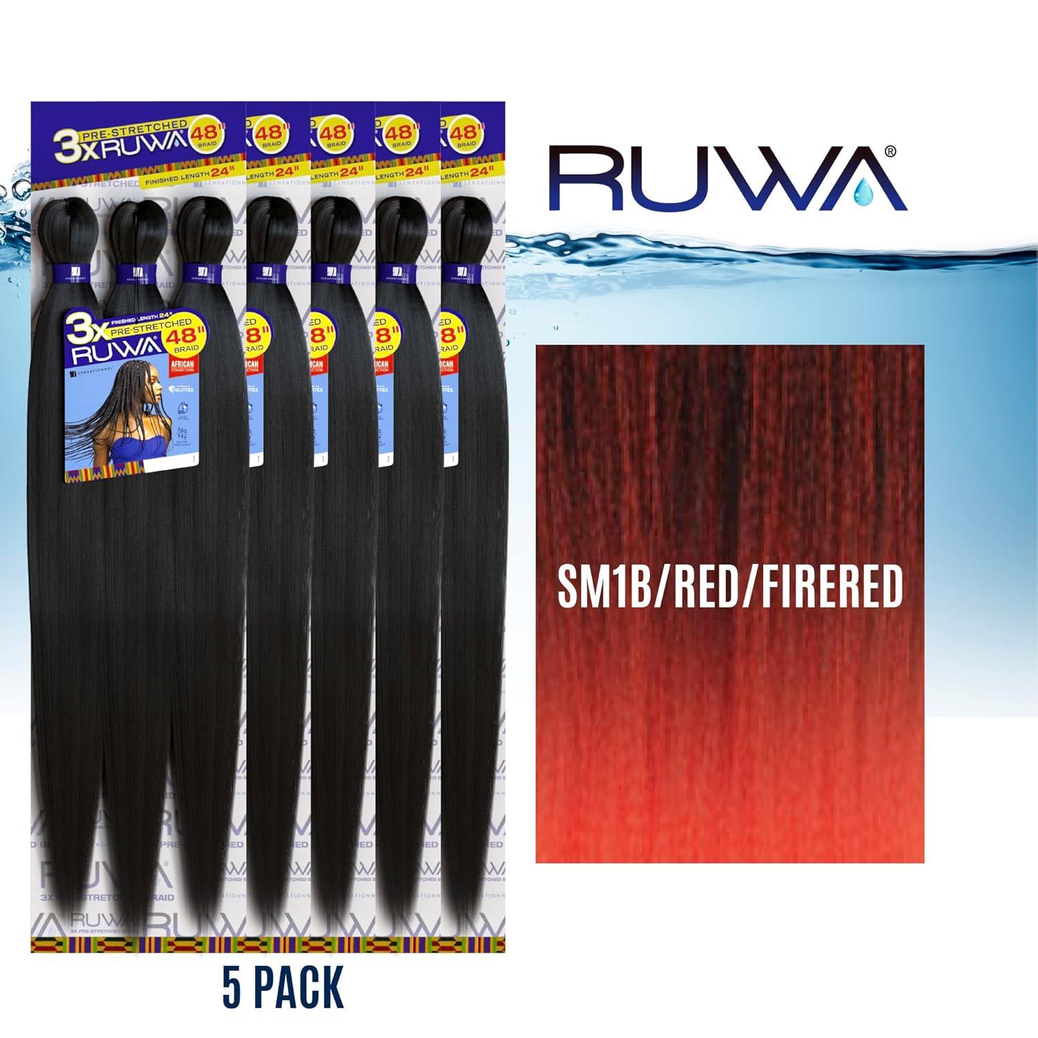 imageSensationnel Ruwa prestretched braiding hair 3x 48 inch water repellent kanekalon fast dry synthetic sports itch free 3 pack 1 JETBLACKSM1BREDFIRERED