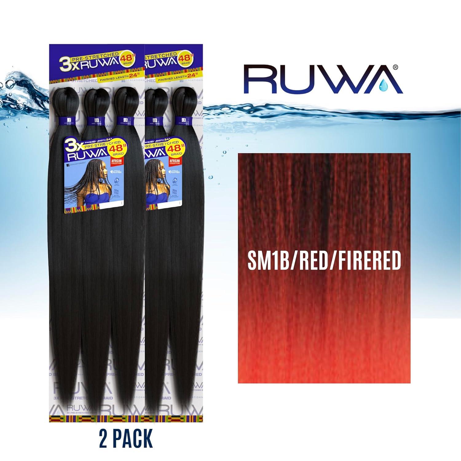 imageSensationnel Ruwa prestretched braiding hair 3x 48 inch water repellent kanekalon fast dry synthetic sports itch free 3 pack 1 JETBLACKSM1BREDFIRERED