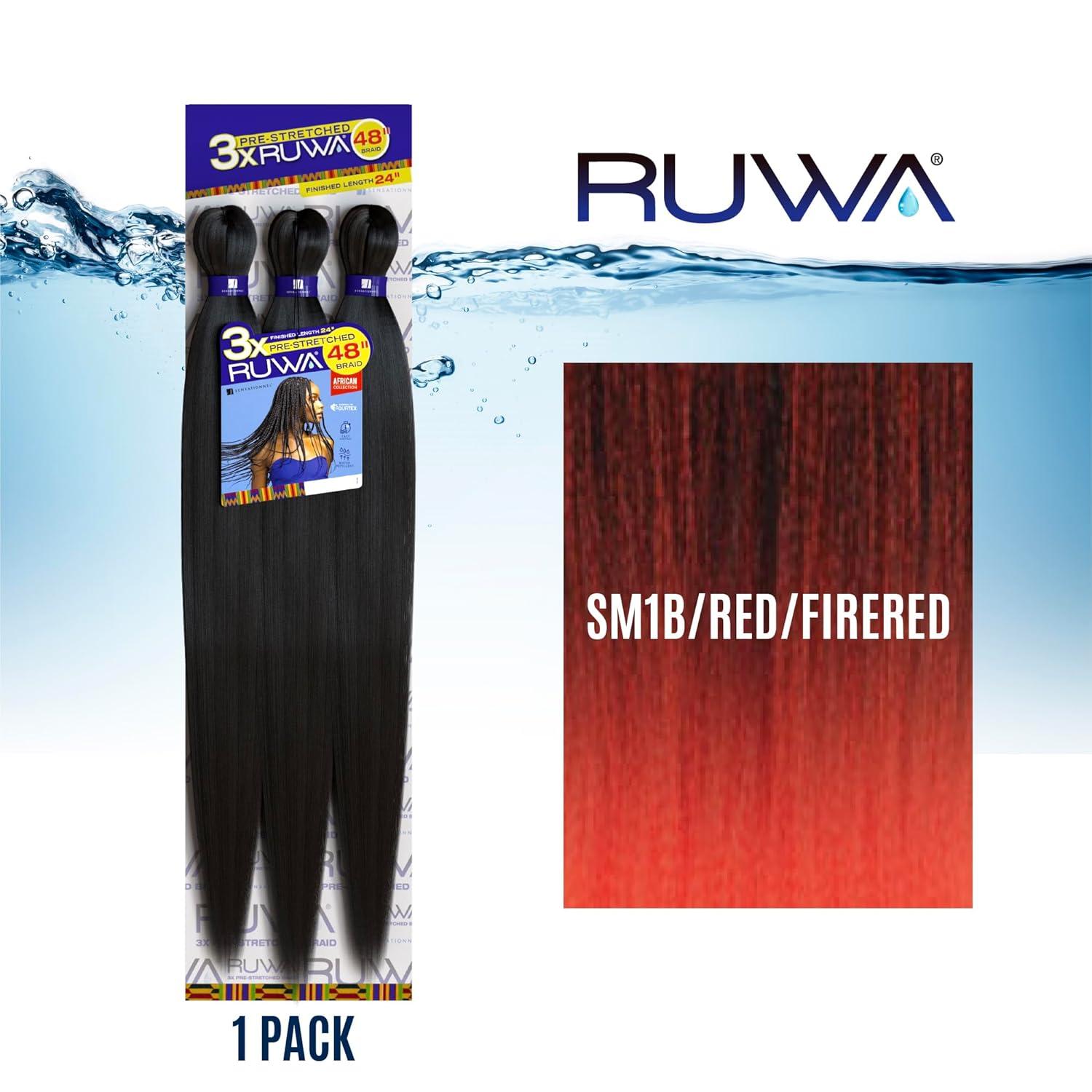 imageSensationnel Ruwa prestretched braiding hair 3x 48 inch water repellent kanekalon fast dry synthetic sports itch free 3 pack 1 JETBLACKSM1BREDFIRERED