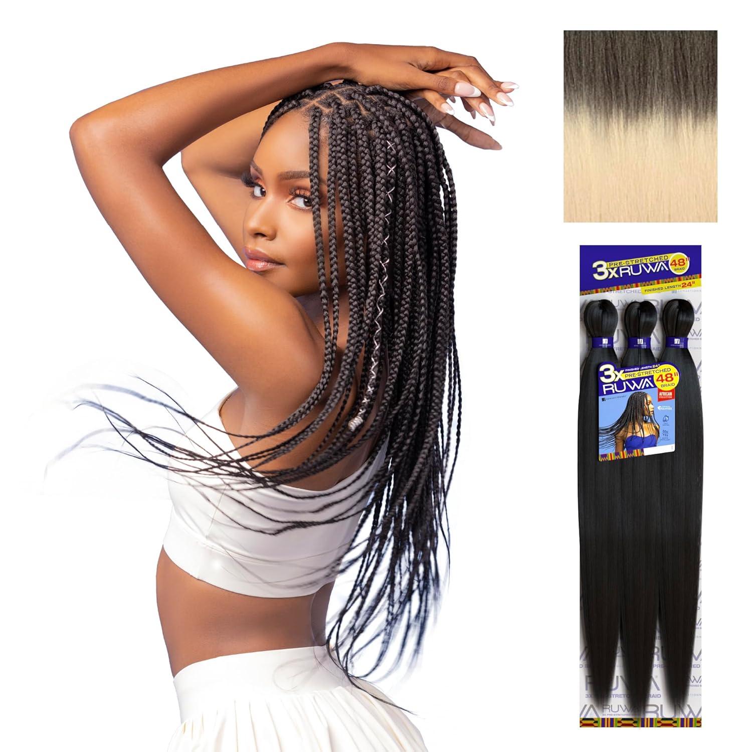 imageSensationnel Ruwa prestretched braiding hair 3x 48 inch water repellent kanekalon fast dry synthetic sports itch free 3 pack 1 JETBLACKSM4613