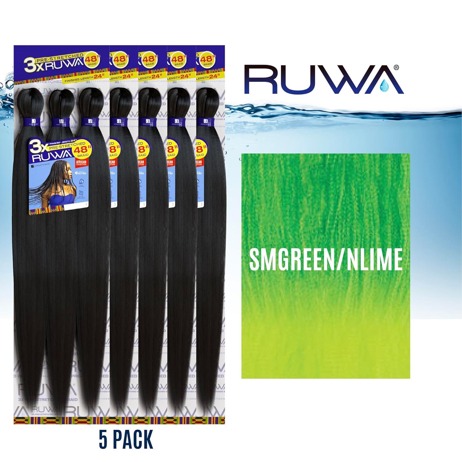imageSensationnel Ruwa prestretched braiding hair 3x 48 inch water repellent kanekalon fast dry synthetic sports itch free 3 pack 1 JETBLACKSMGREENNLIME