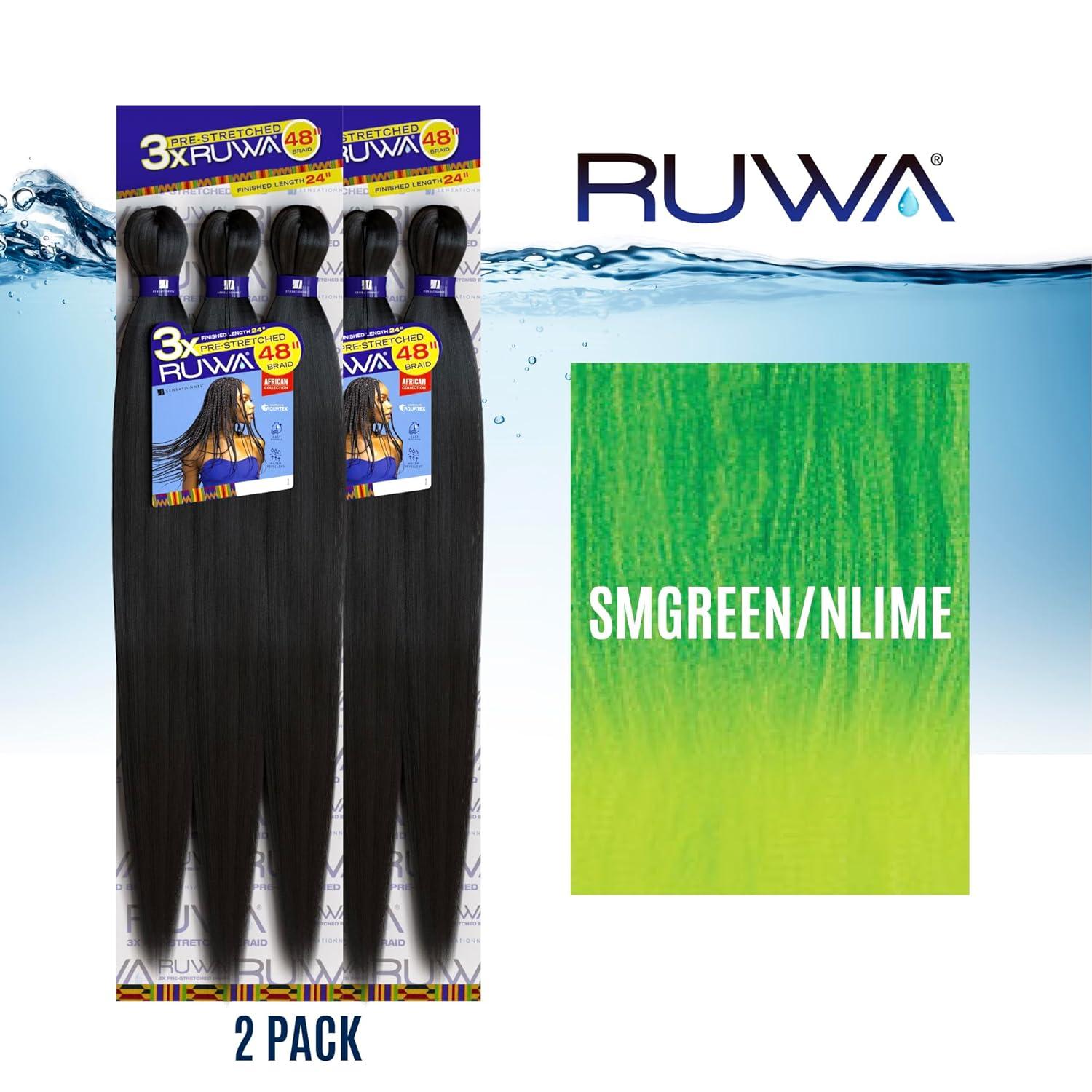 imageSensationnel Ruwa prestretched braiding hair 3x 48 inch water repellent kanekalon fast dry synthetic sports itch free 3 pack 1 JETBLACKSMGREENNLIME