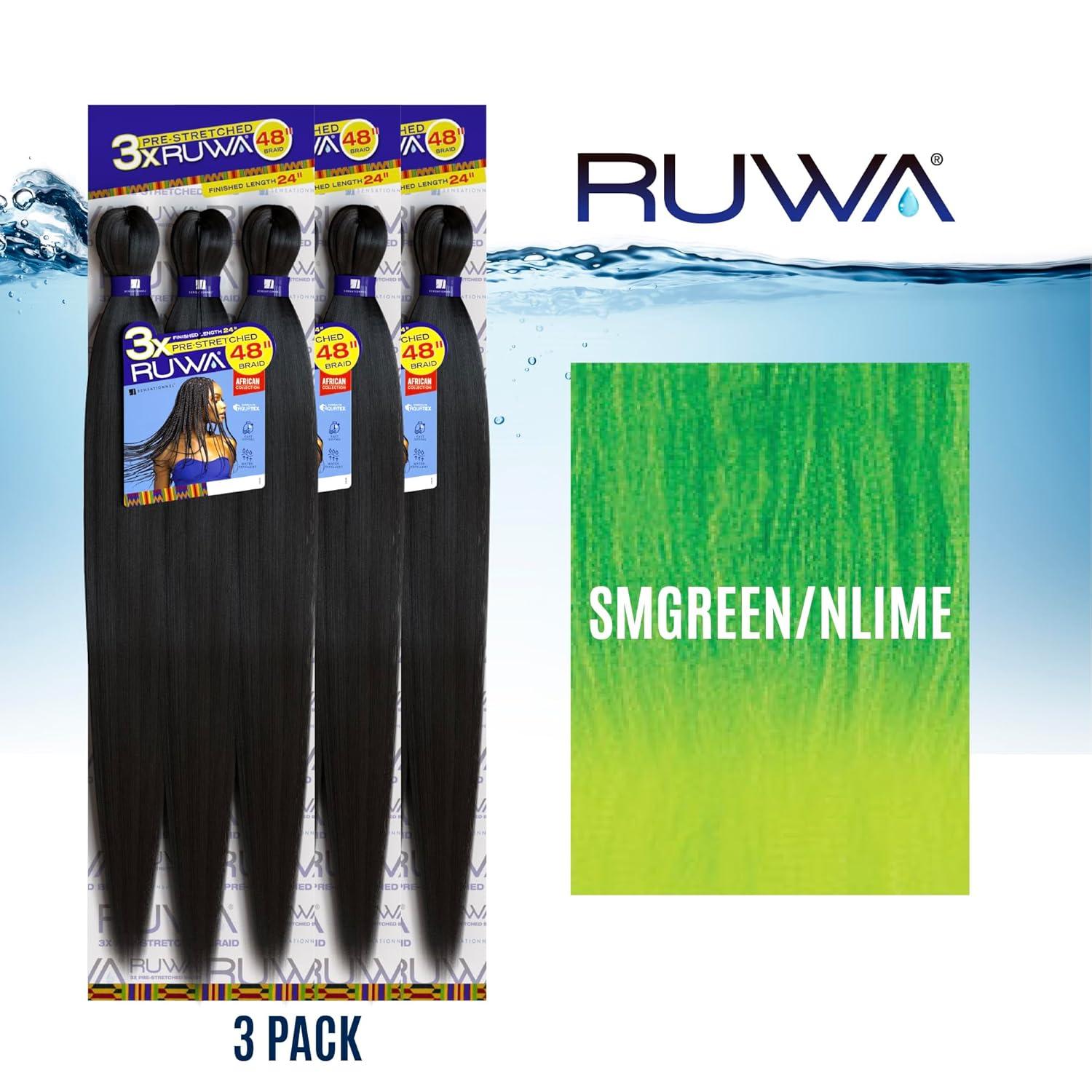 imageSensationnel Ruwa prestretched braiding hair 3x 48 inch water repellent kanekalon fast dry synthetic sports itch free 3 pack 1 JETBLACKSMGREENNLIME