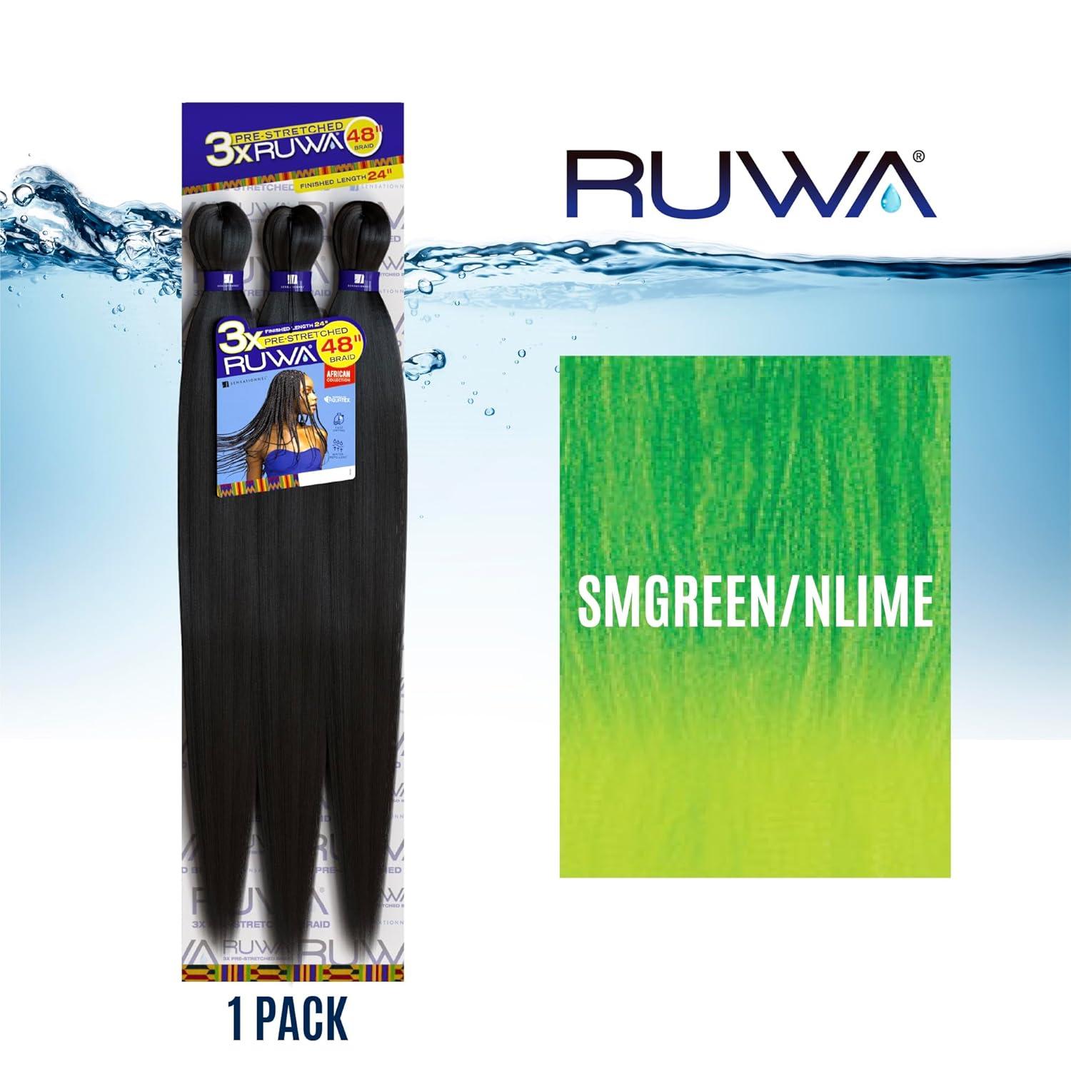 imageSensationnel Ruwa prestretched braiding hair 3x 48 inch water repellent kanekalon fast dry synthetic sports itch free 3 pack 1 JETBLACKSMGREENNLIME