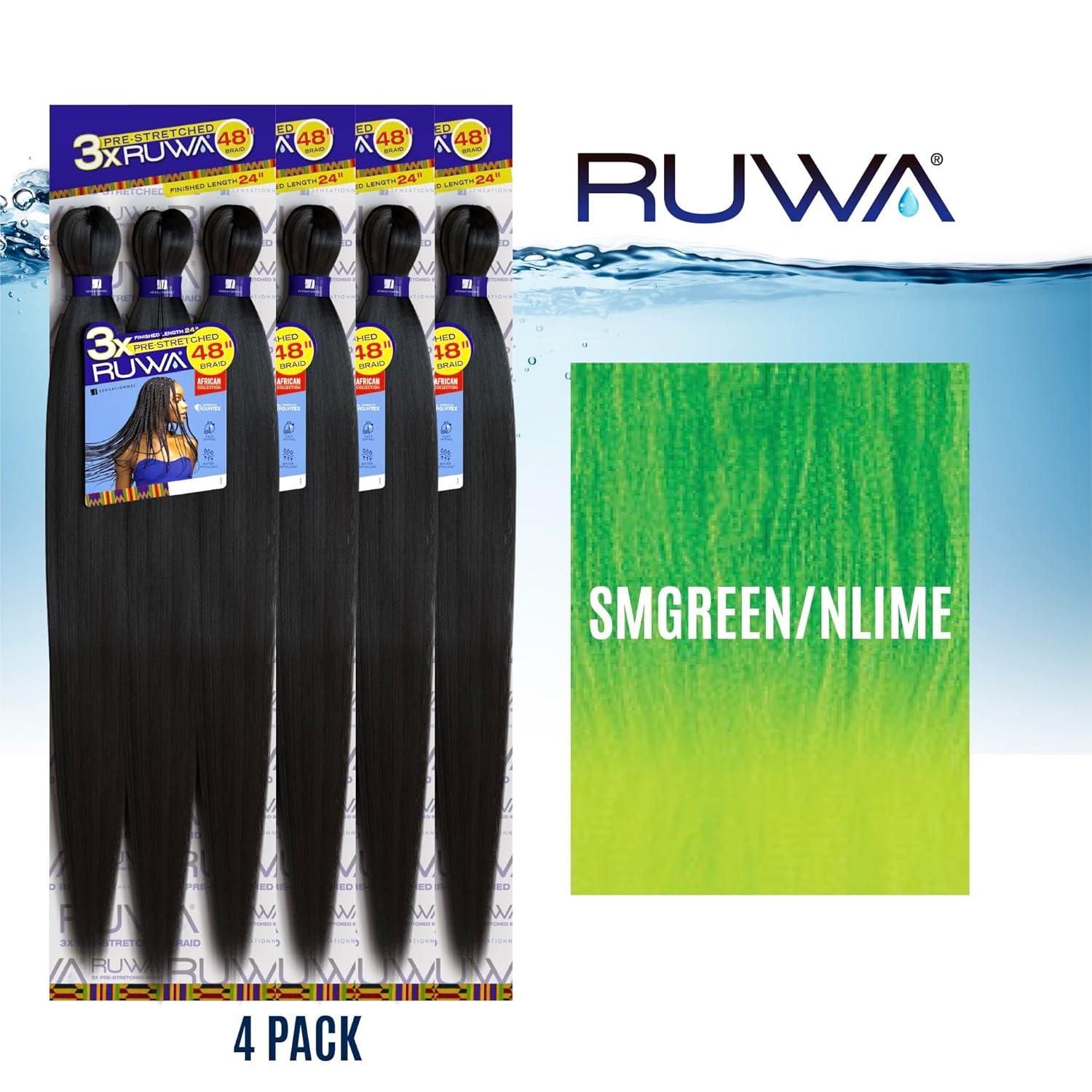 imageSensationnel Ruwa prestretched braiding hair 3x 48 inch water repellent kanekalon fast dry synthetic sports itch free 3 pack 1 JETBLACKSMGREENNLIME