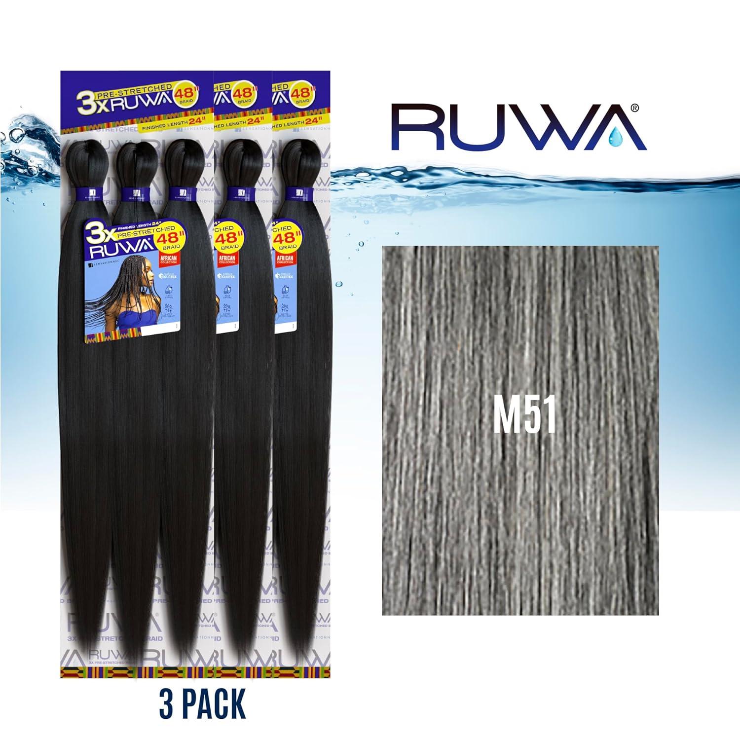 imageSensationnel Ruwa prestretched braiding hair 3x 48 inch water repellent kanekalon fast dry synthetic sports itch free 3 pack 1 JETBLACKSaltPepper Off Black and Gray M51