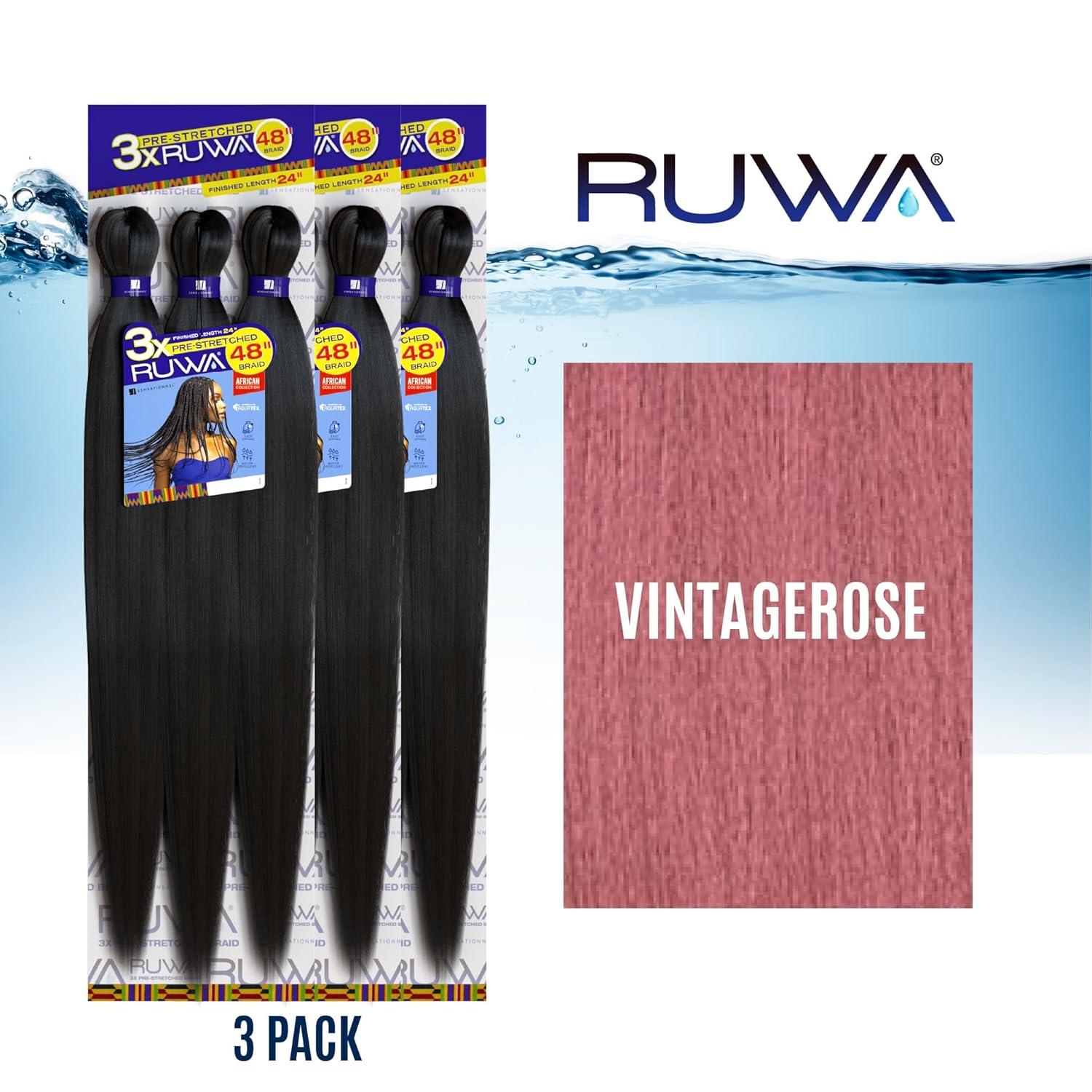 imageSensationnel Ruwa prestretched braiding hair 3x 48 inch water repellent kanekalon fast dry synthetic sports itch free 3 pack 1 JETBLACKVINTAGEROSE