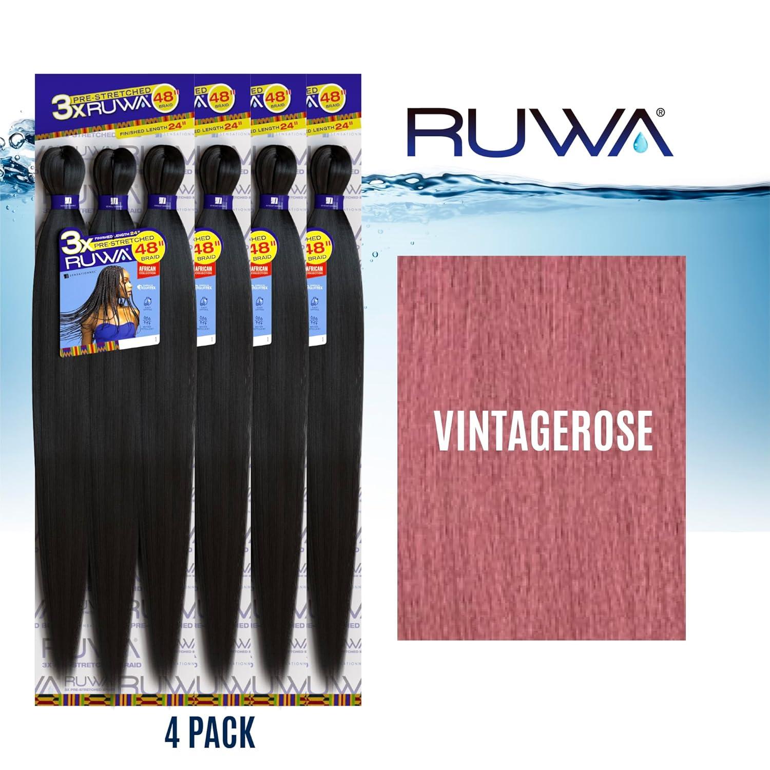 imageSensationnel Ruwa prestretched braiding hair 3x 48 inch water repellent kanekalon fast dry synthetic sports itch free 3 pack 1 JETBLACKVINTAGEROSE
