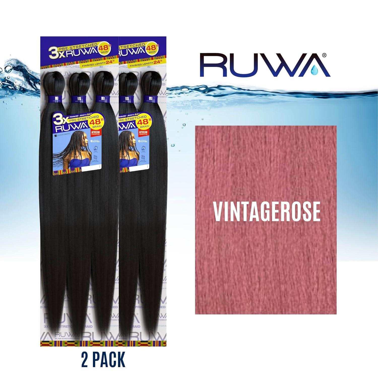 imageSensationnel Ruwa prestretched braiding hair 3x 48 inch water repellent kanekalon fast dry synthetic sports itch free 3 pack 1 JETBLACKVINTAGEROSE