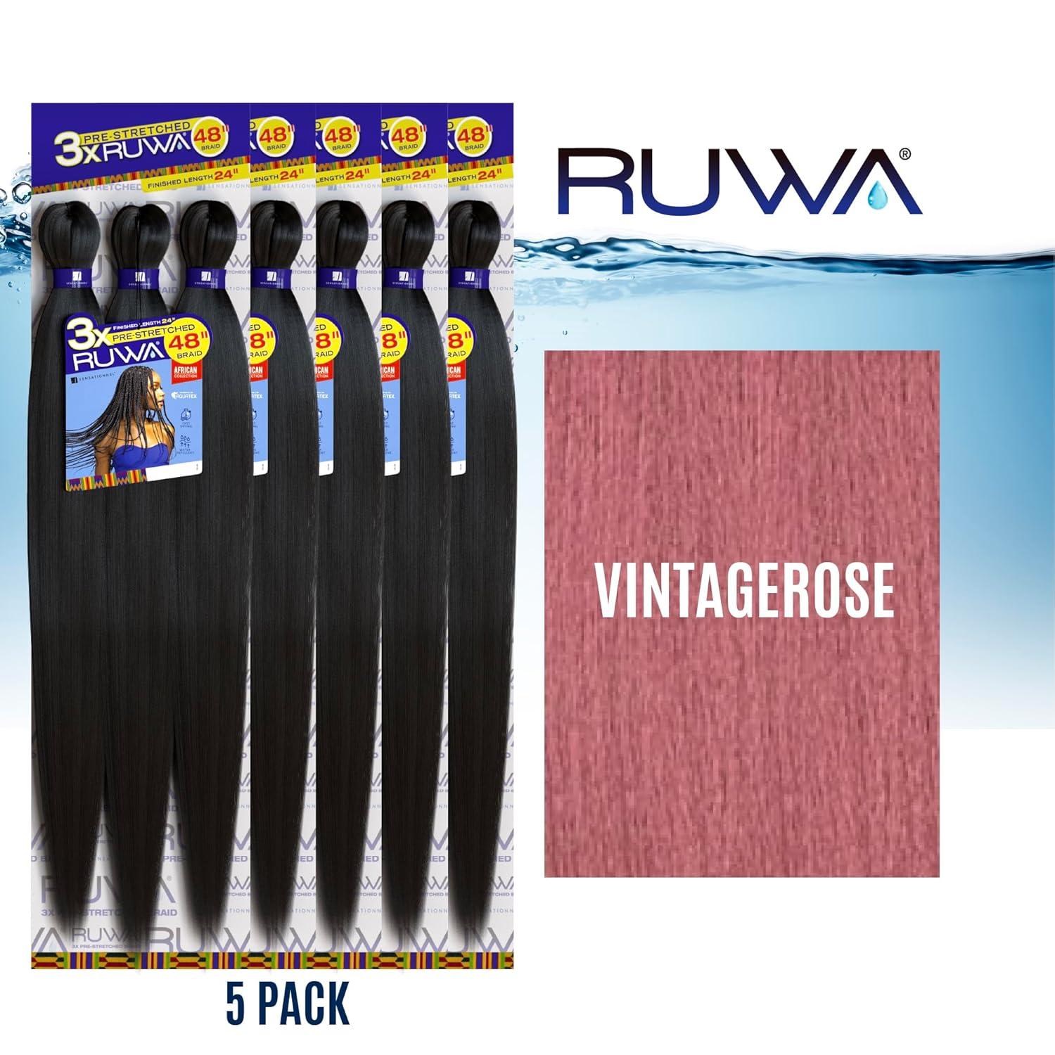 imageSensationnel Ruwa prestretched braiding hair 3x 48 inch water repellent kanekalon fast dry synthetic sports itch free 3 pack 1 JETBLACKVINTAGEROSE