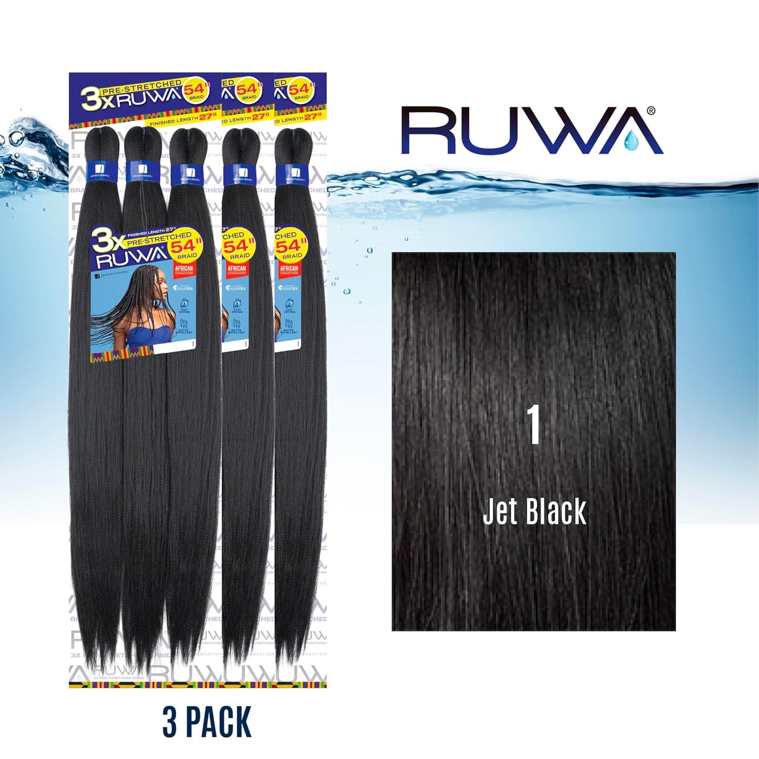 imageSensationnel Ruwa prestretched braiding hair 3x 54 inch water repellent kanekalon fast dry synthetic sports itch free 1 pack 1 JETBLACK1 JETBLACK
