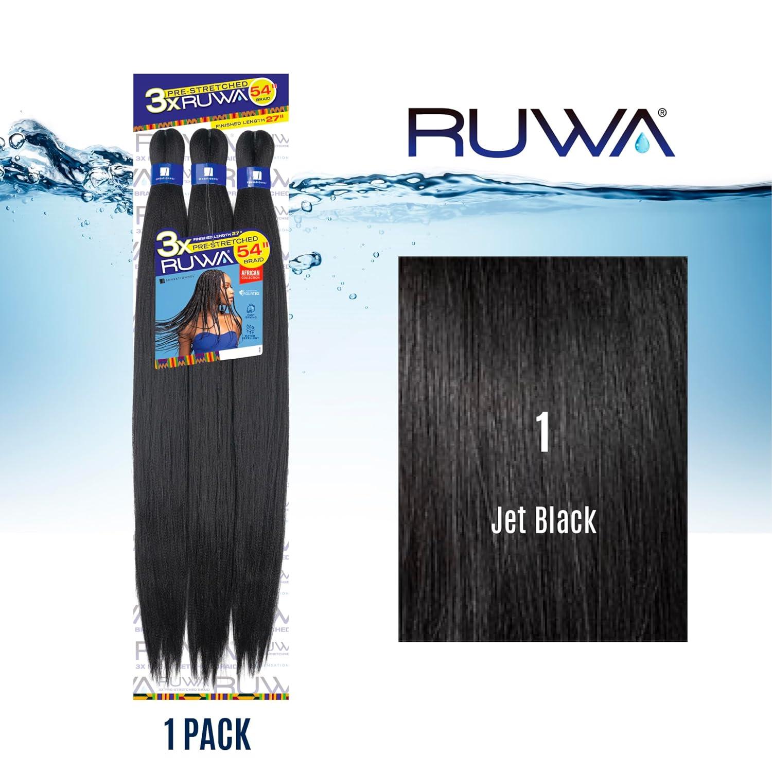 imageSensationnel Ruwa prestretched braiding hair 3x 54 inch water repellent kanekalon fast dry synthetic sports itch free 1 pack 1 JETBLACK1 JETBLACK