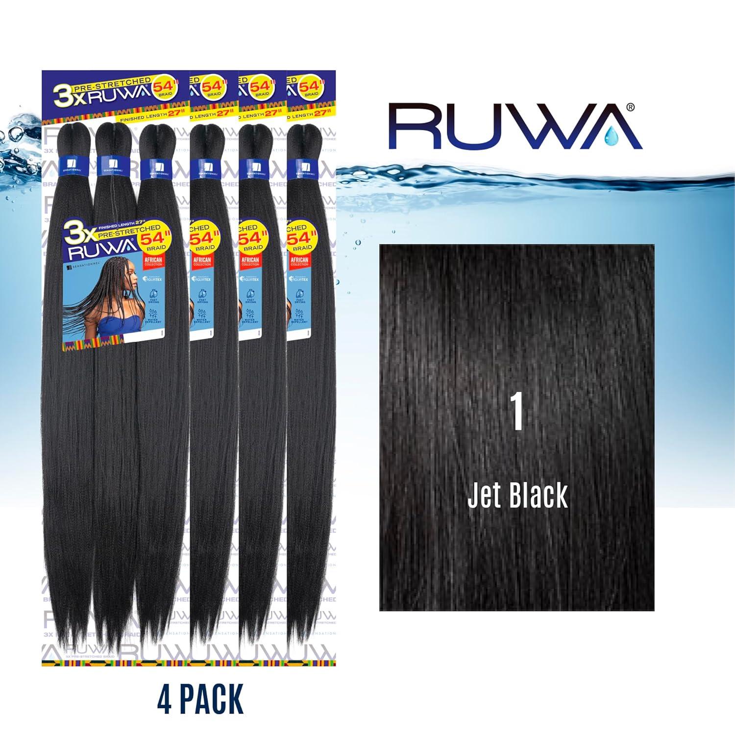imageSensationnel Ruwa prestretched braiding hair 3x 54 inch water repellent kanekalon fast dry synthetic sports itch free 1 pack 1 JETBLACK1 JETBLACK