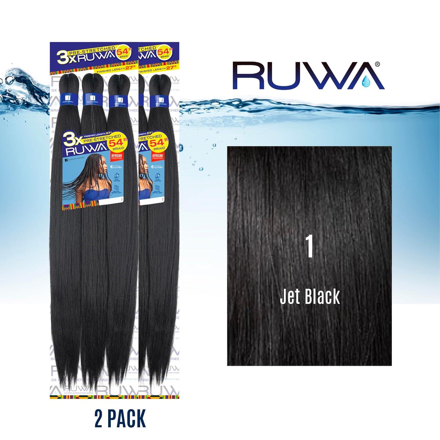 imageSensationnel Ruwa prestretched braiding hair 3x 54 inch water repellent kanekalon fast dry synthetic sports itch free 1 pack 1 JETBLACK1 JETBLACK
