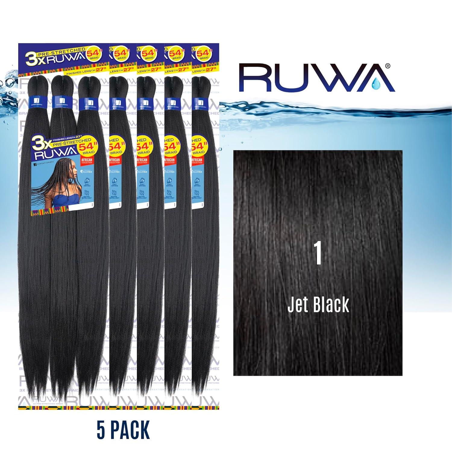 imageSensationnel Ruwa prestretched braiding hair 3x 54 inch water repellent kanekalon fast dry synthetic sports itch free 1 pack 1 JETBLACK1 JETBLACK