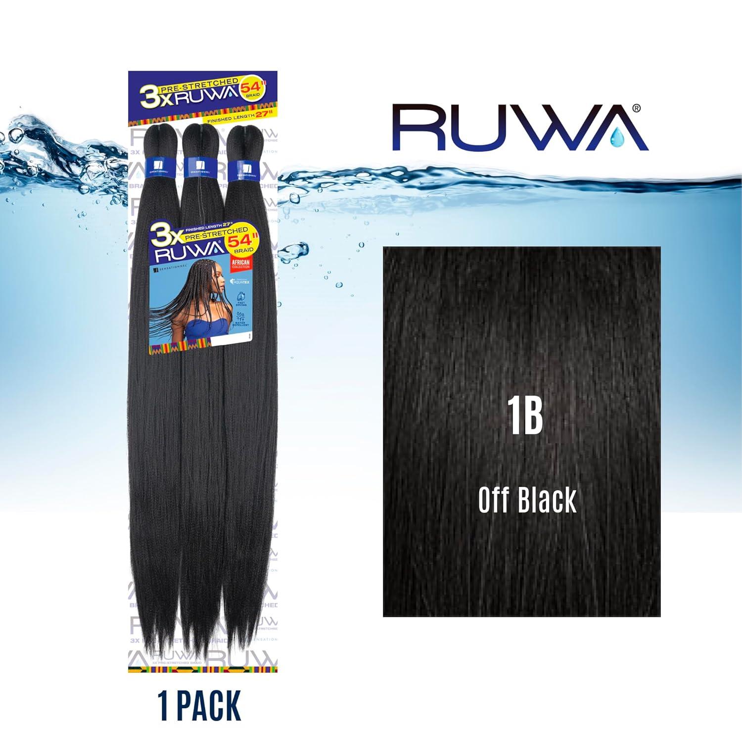 imageSensationnel Ruwa prestretched braiding hair 3x 54 inch water repellent kanekalon fast dry synthetic sports itch free 1 pack 1 JETBLACK1B OFFBLACK