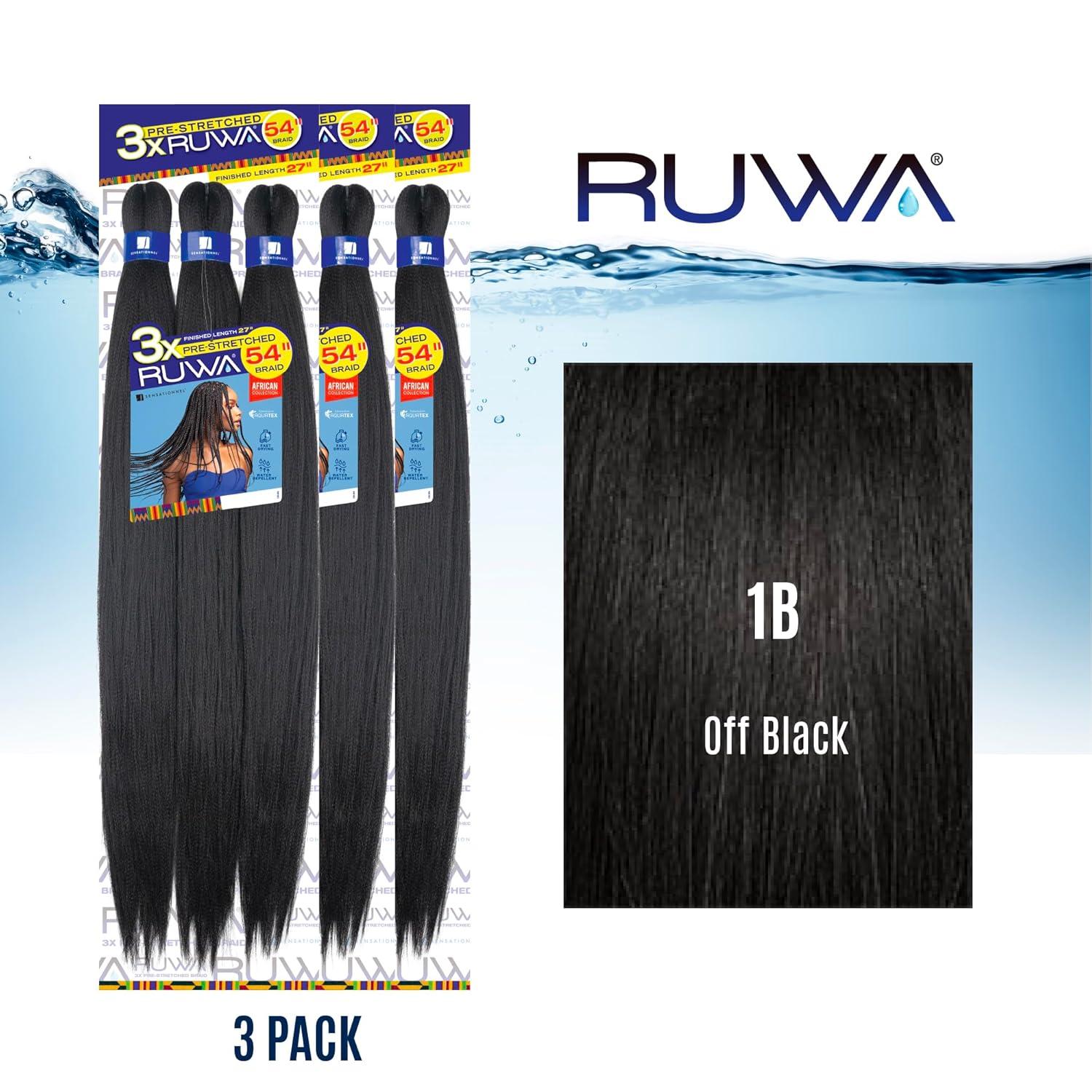 imageSensationnel Ruwa prestretched braiding hair 3x 54 inch water repellent kanekalon fast dry synthetic sports itch free 1 pack 1 JETBLACK1B OFFBLACK