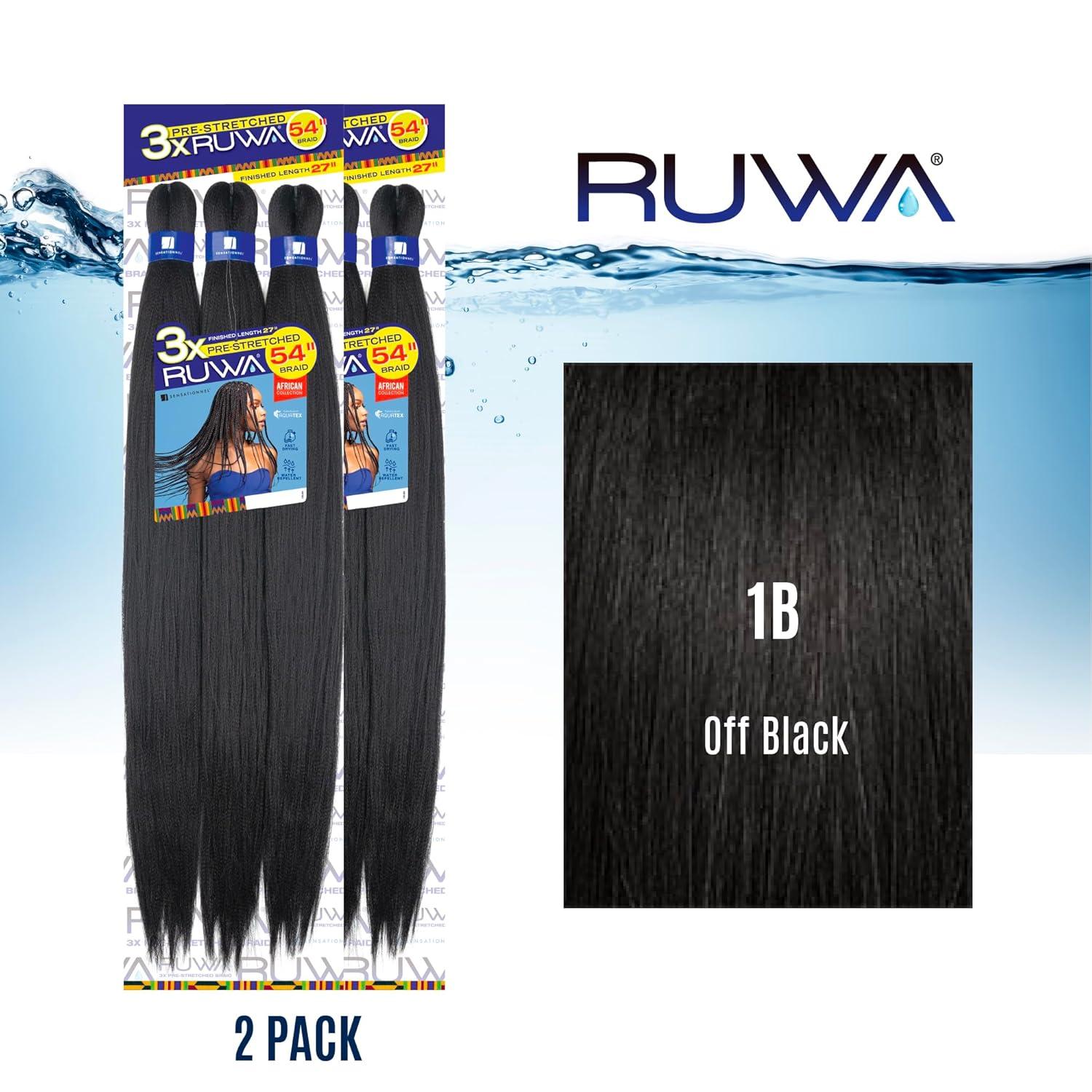 imageSensationnel Ruwa prestretched braiding hair 3x 54 inch water repellent kanekalon fast dry synthetic sports itch free 1 pack 1 JETBLACK1B OFFBLACK