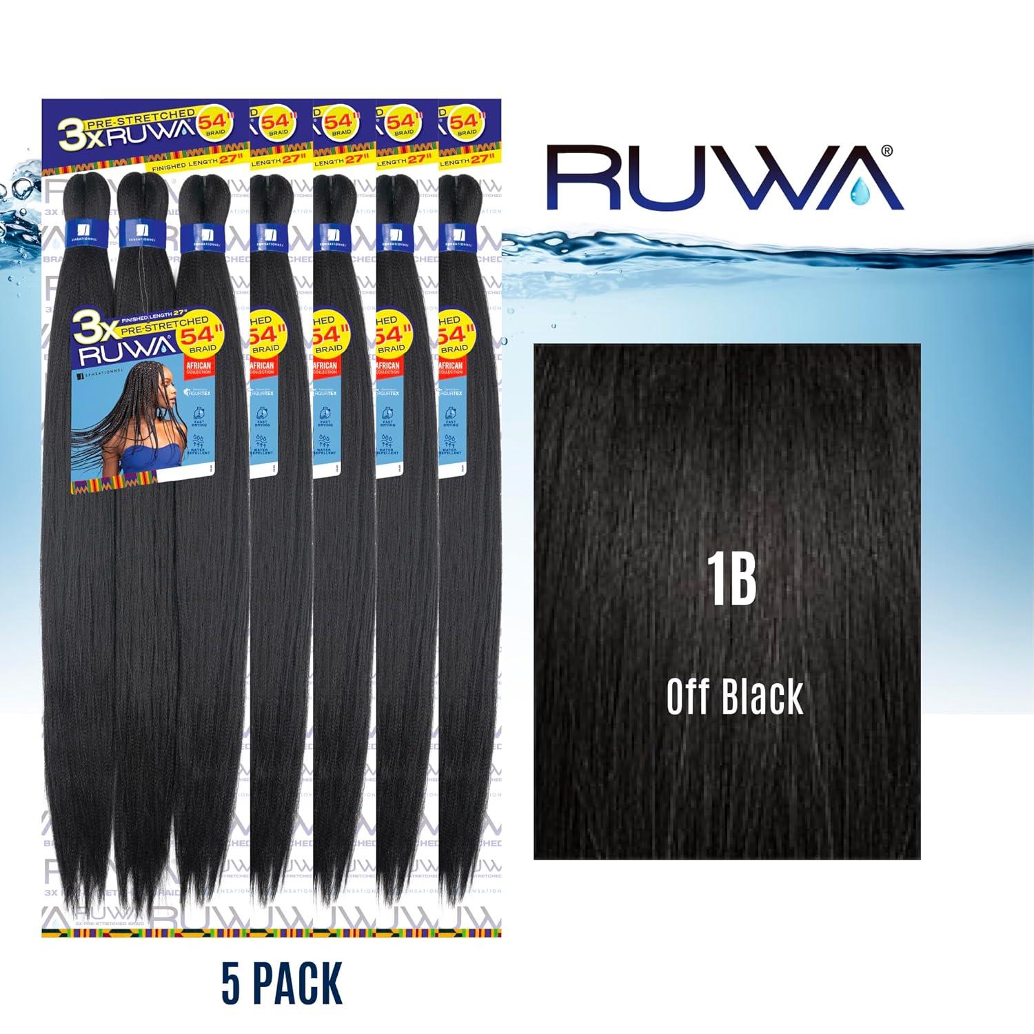 imageSensationnel Ruwa prestretched braiding hair 3x 54 inch water repellent kanekalon fast dry synthetic sports itch free 1 pack 1 JETBLACK1B OFFBLACK