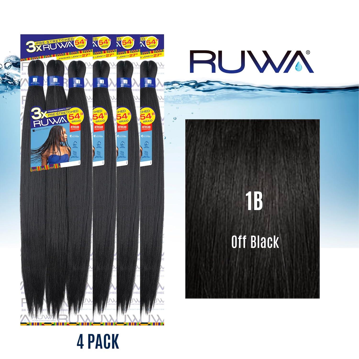 imageSensationnel Ruwa prestretched braiding hair 3x 54 inch water repellent kanekalon fast dry synthetic sports itch free 1 pack 1 JETBLACK1B OFFBLACK