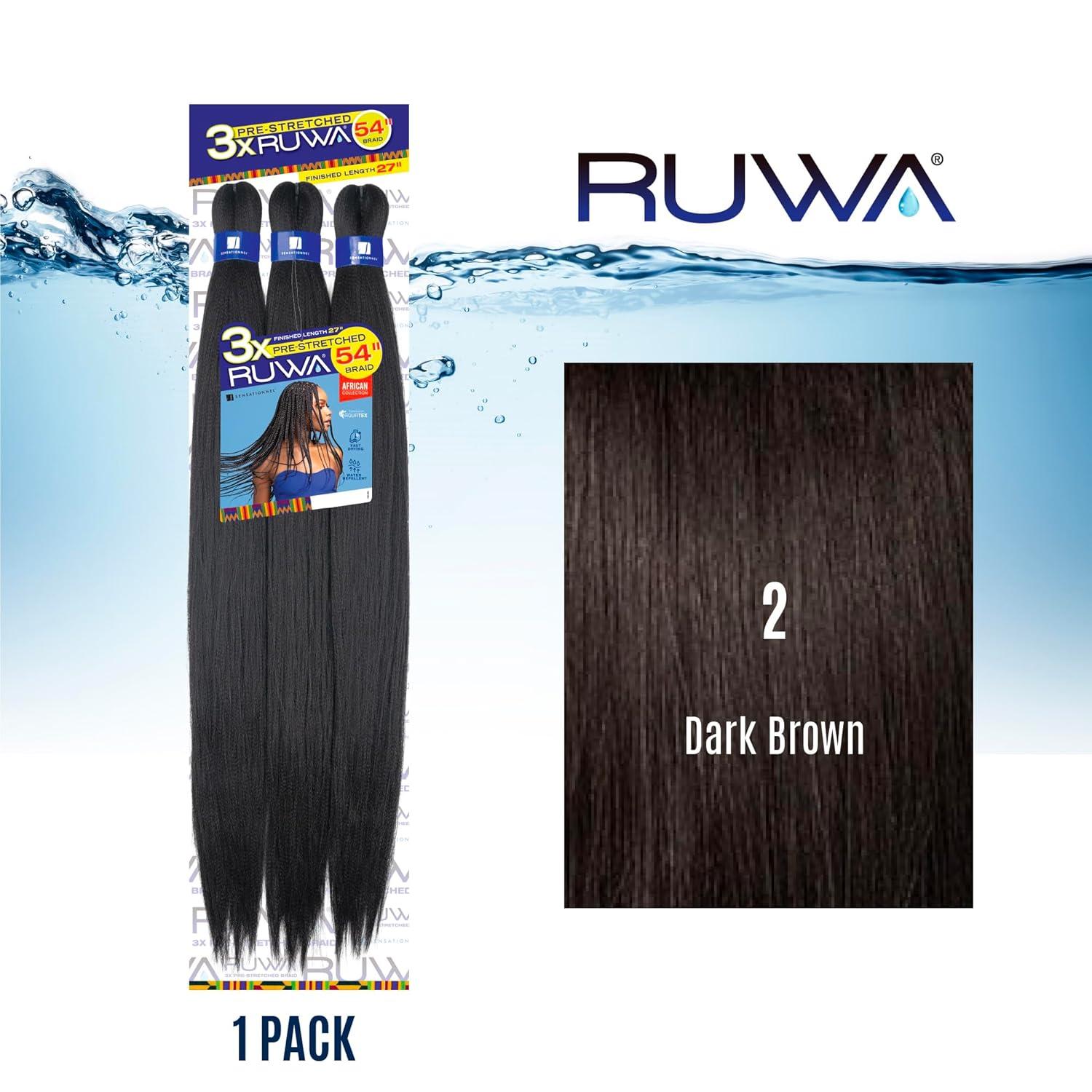 imageSensationnel Ruwa prestretched braiding hair 3x 54 inch water repellent kanekalon fast dry synthetic sports itch free 1 pack 1 JETBLACK2 DARKBROWN