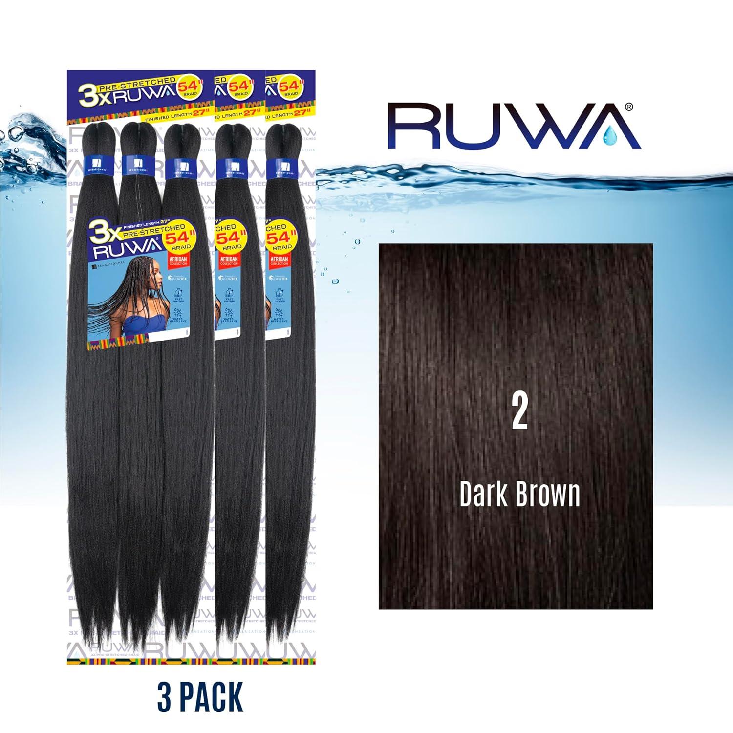 imageSensationnel Ruwa prestretched braiding hair 3x 54 inch water repellent kanekalon fast dry synthetic sports itch free 1 pack 1 JETBLACK2 DARKBROWN