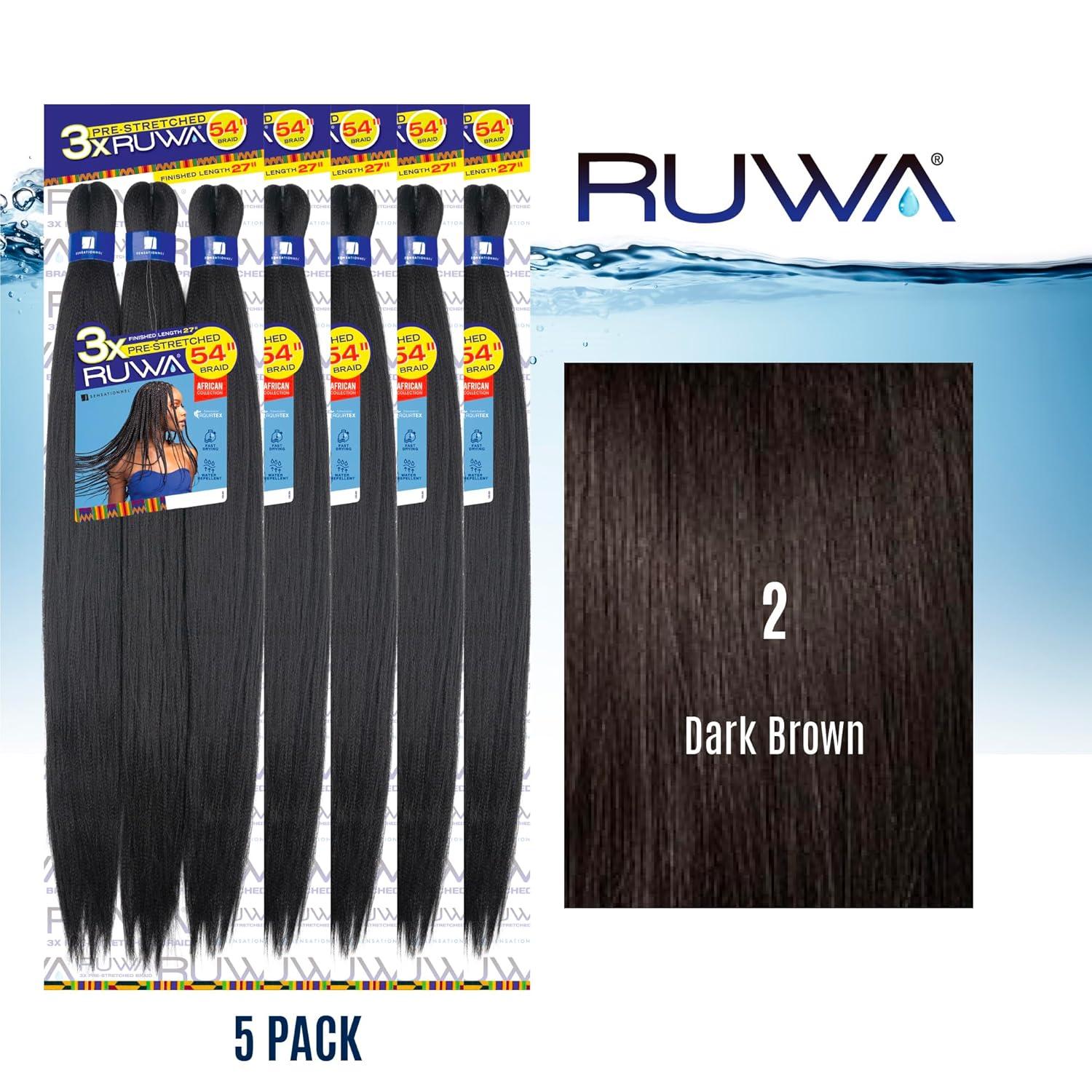 imageSensationnel Ruwa prestretched braiding hair 3x 54 inch water repellent kanekalon fast dry synthetic sports itch free 1 pack 1 JETBLACK2 DARKBROWN