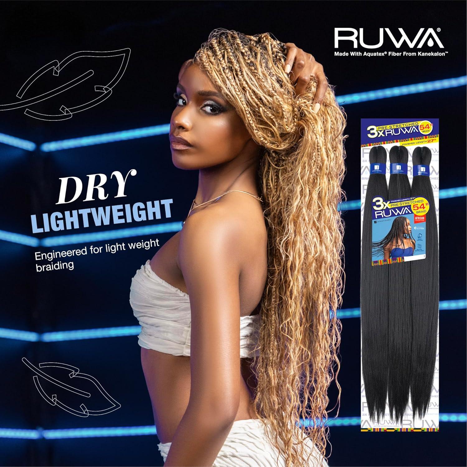 imageSensationnel Ruwa prestretched braiding hair 3x 54 inch water repellent kanekalon fast dry synthetic sports itch free 1 pack 1 JETBLACK2 DARKBROWN