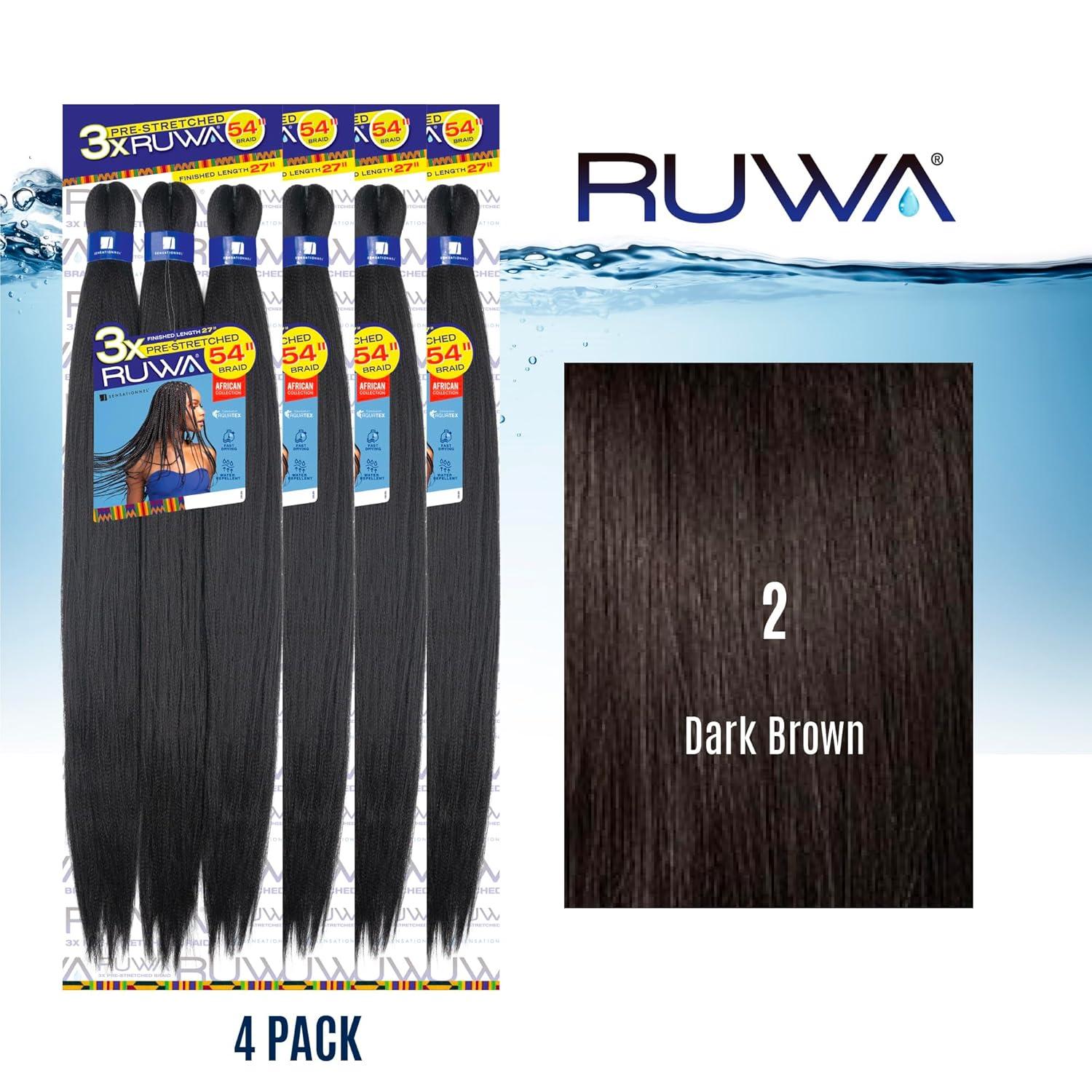 imageSensationnel Ruwa prestretched braiding hair 3x 54 inch water repellent kanekalon fast dry synthetic sports itch free 1 pack 1 JETBLACK2 DARKBROWN