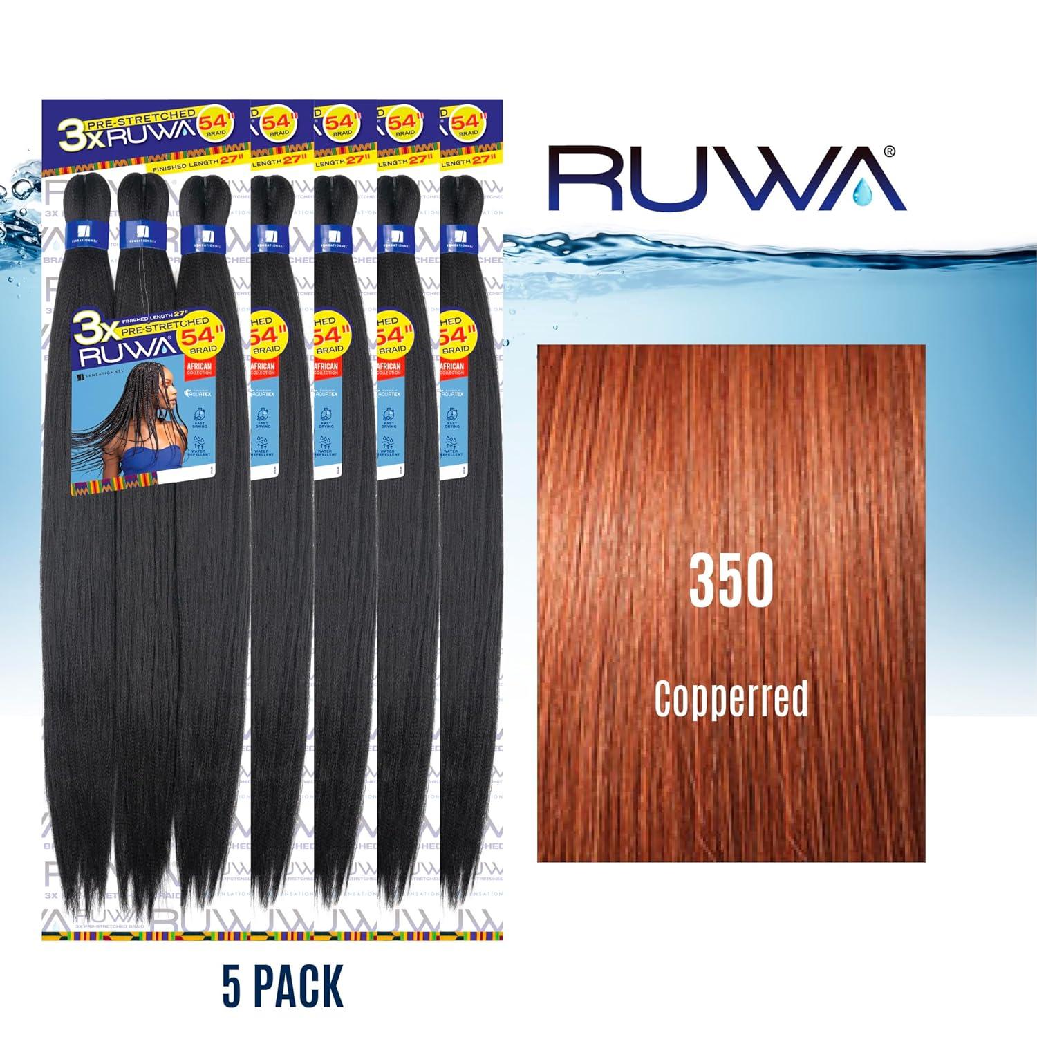 imageSensationnel Ruwa prestretched braiding hair 3x 54 inch water repellent kanekalon fast dry synthetic sports itch free 1 pack 1 JETBLACK350 COPPERRED