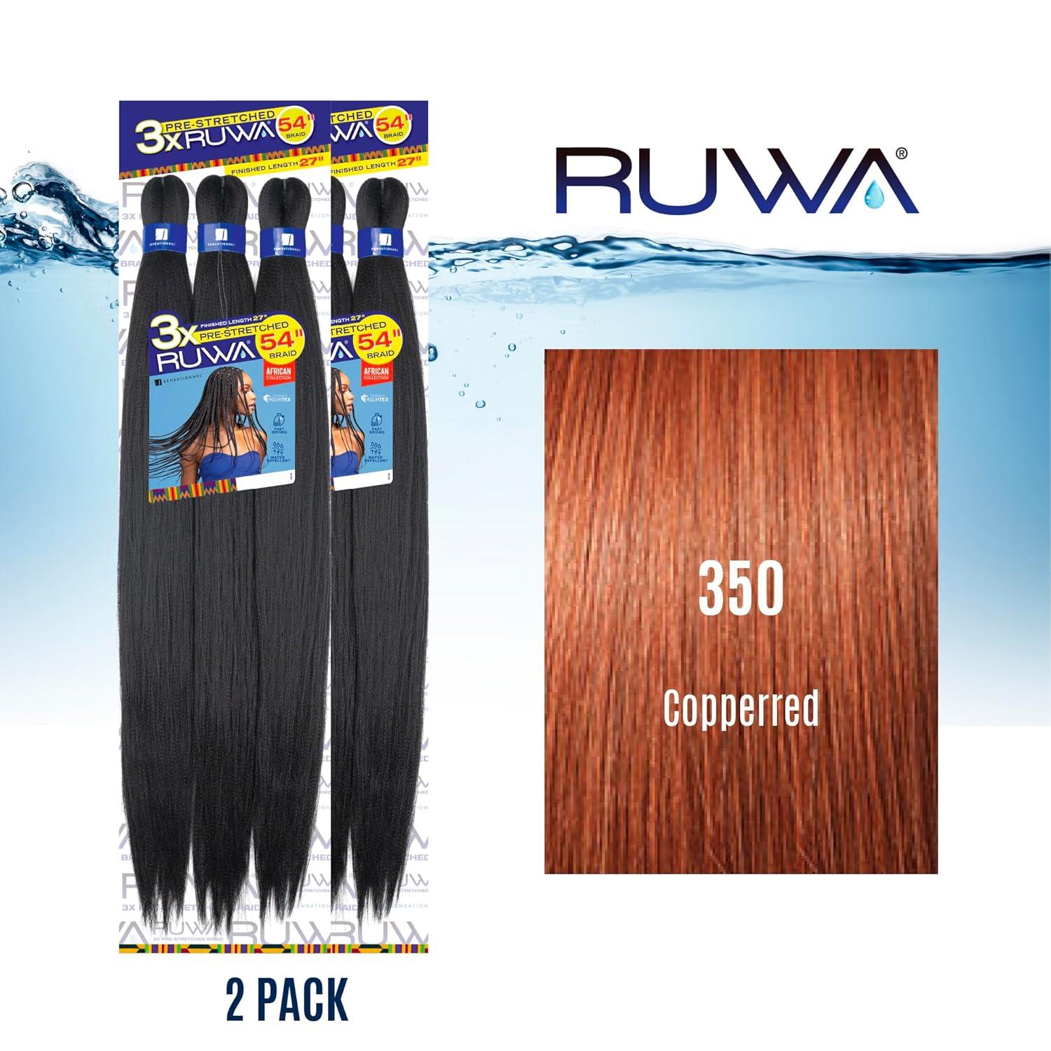 imageSensationnel Ruwa prestretched braiding hair 3x 54 inch water repellent kanekalon fast dry synthetic sports itch free 1 pack 1 JETBLACK350 COPPERRED