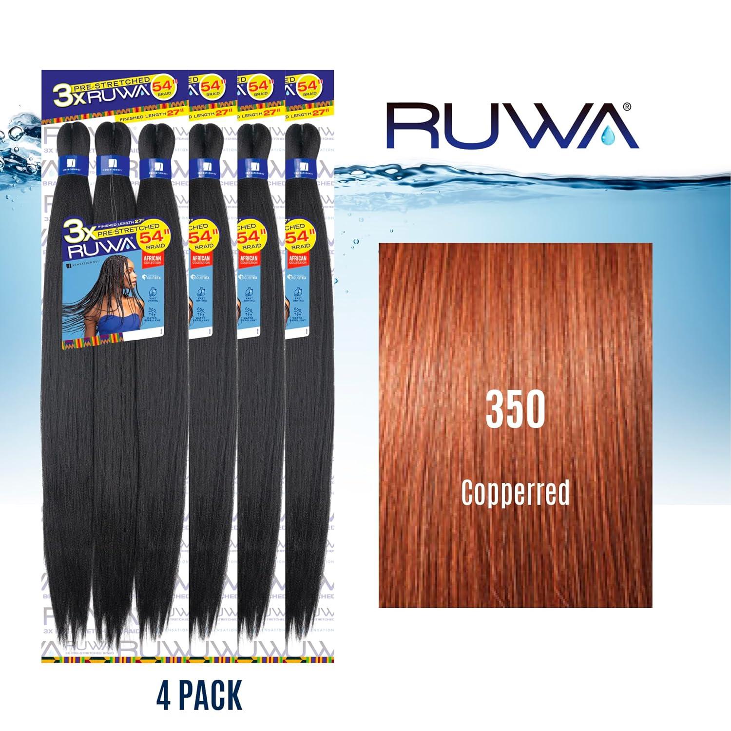 imageSensationnel Ruwa prestretched braiding hair 3x 54 inch water repellent kanekalon fast dry synthetic sports itch free 1 pack 1 JETBLACK350 COPPERRED
