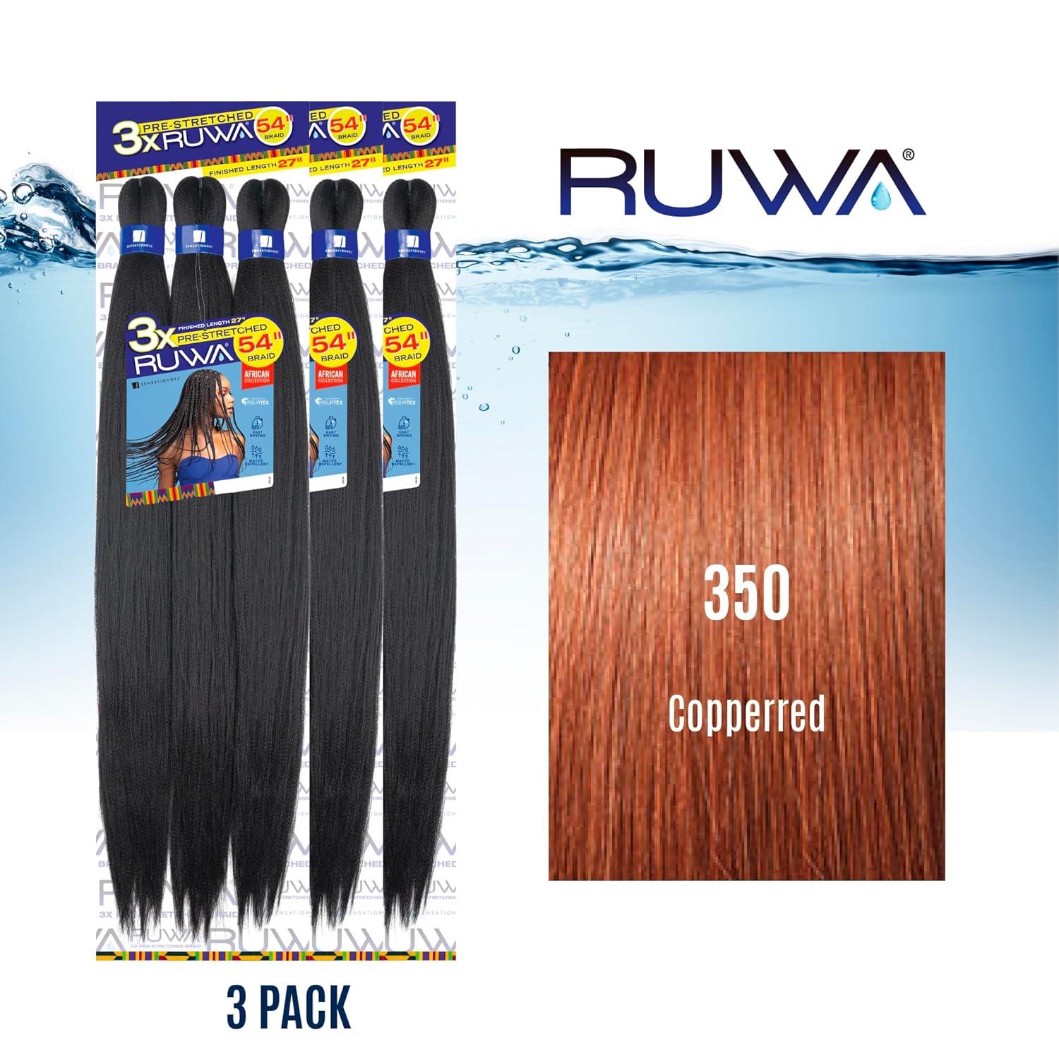 imageSensationnel Ruwa prestretched braiding hair 3x 54 inch water repellent kanekalon fast dry synthetic sports itch free 1 pack 1 JETBLACK350 COPPERRED