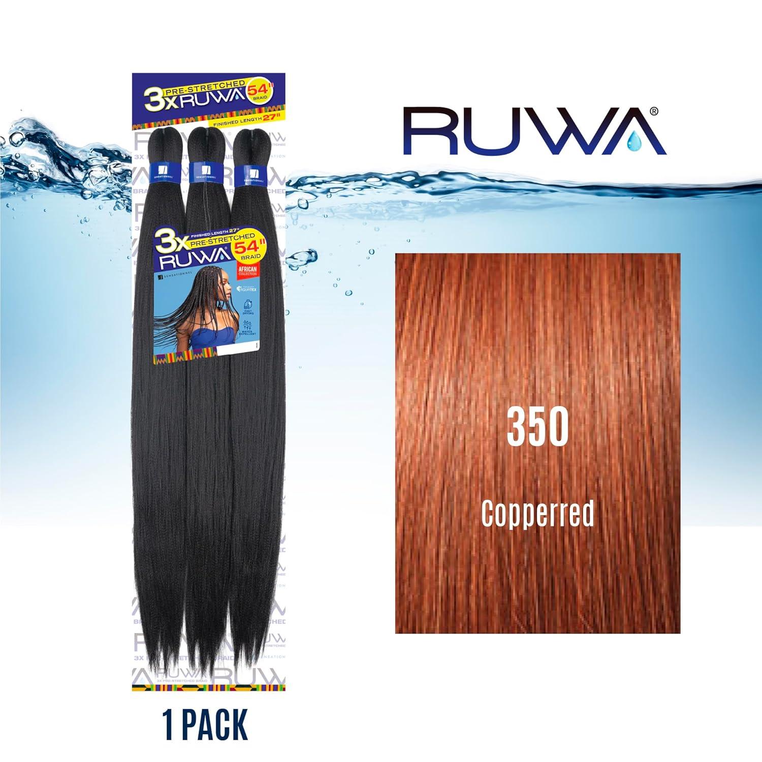 imageSensationnel Ruwa prestretched braiding hair 3x 54 inch water repellent kanekalon fast dry synthetic sports itch free 1 pack 1 JETBLACK350 COPPERRED