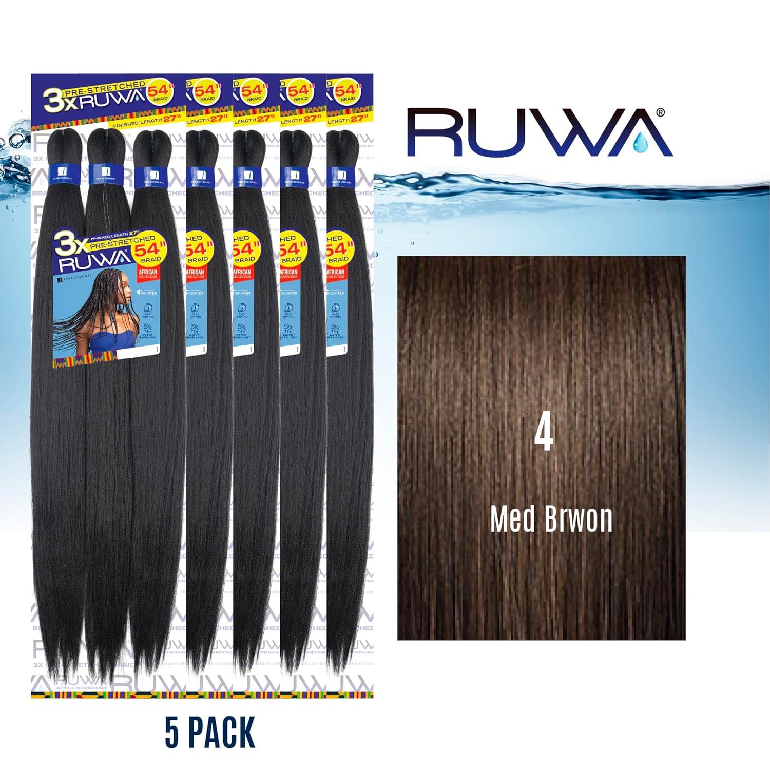 imageSensationnel Ruwa prestretched braiding hair 3x 54 inch water repellent kanekalon fast dry synthetic sports itch free 1 pack 1 JETBLACK4 MEDBROWN