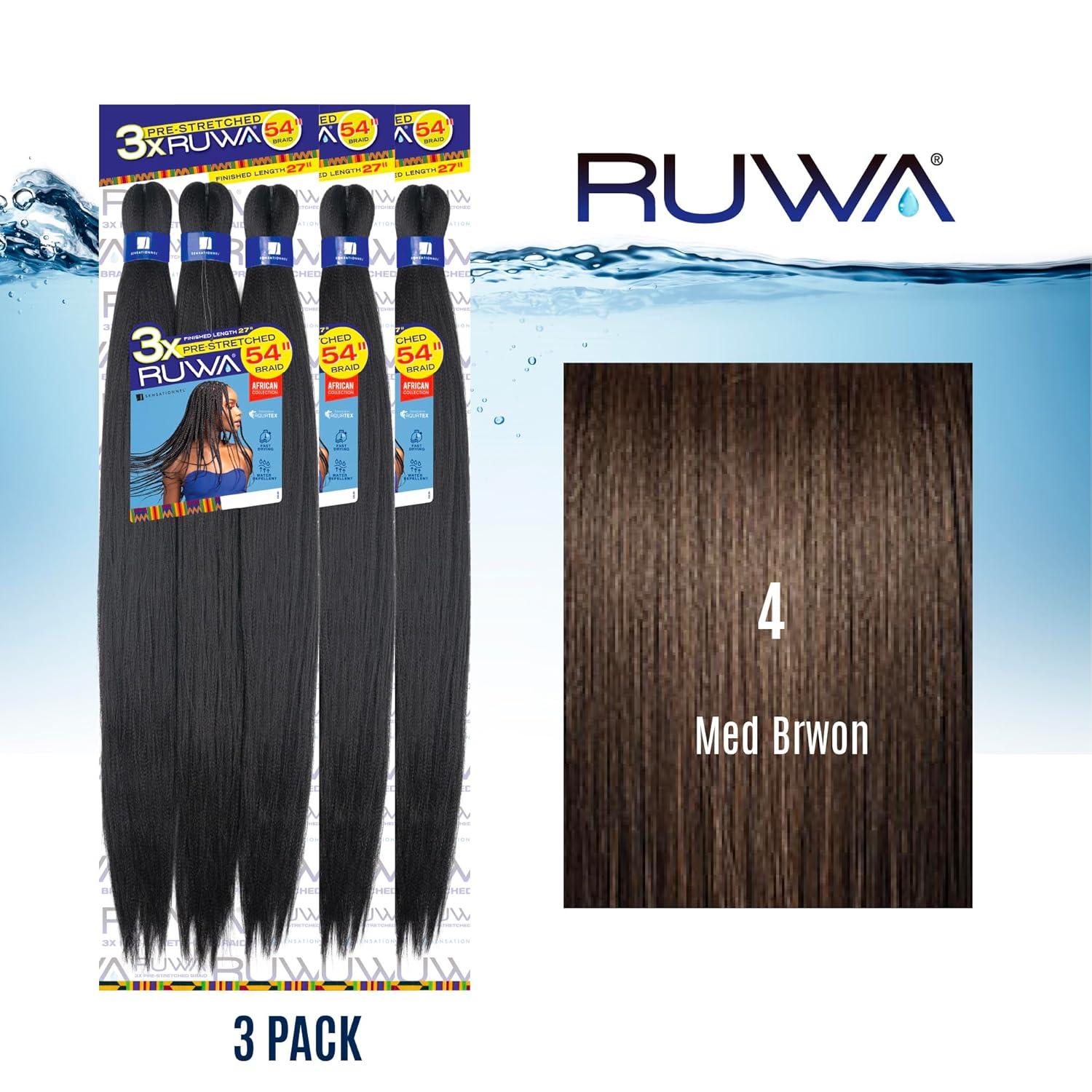 imageSensationnel Ruwa prestretched braiding hair 3x 54 inch water repellent kanekalon fast dry synthetic sports itch free 1 pack 1 JETBLACK4 MEDBROWN