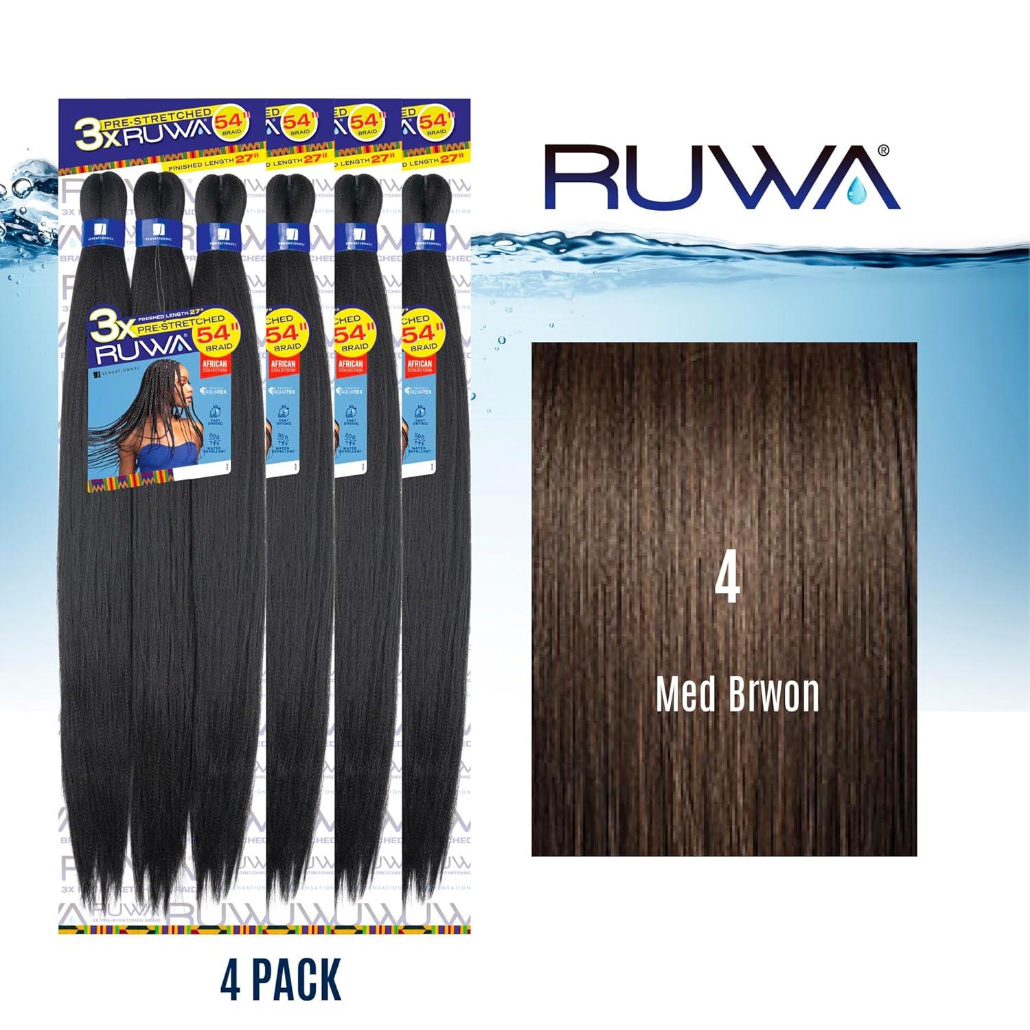 imageSensationnel Ruwa prestretched braiding hair 3x 54 inch water repellent kanekalon fast dry synthetic sports itch free 1 pack 1 JETBLACK4 MEDBROWN