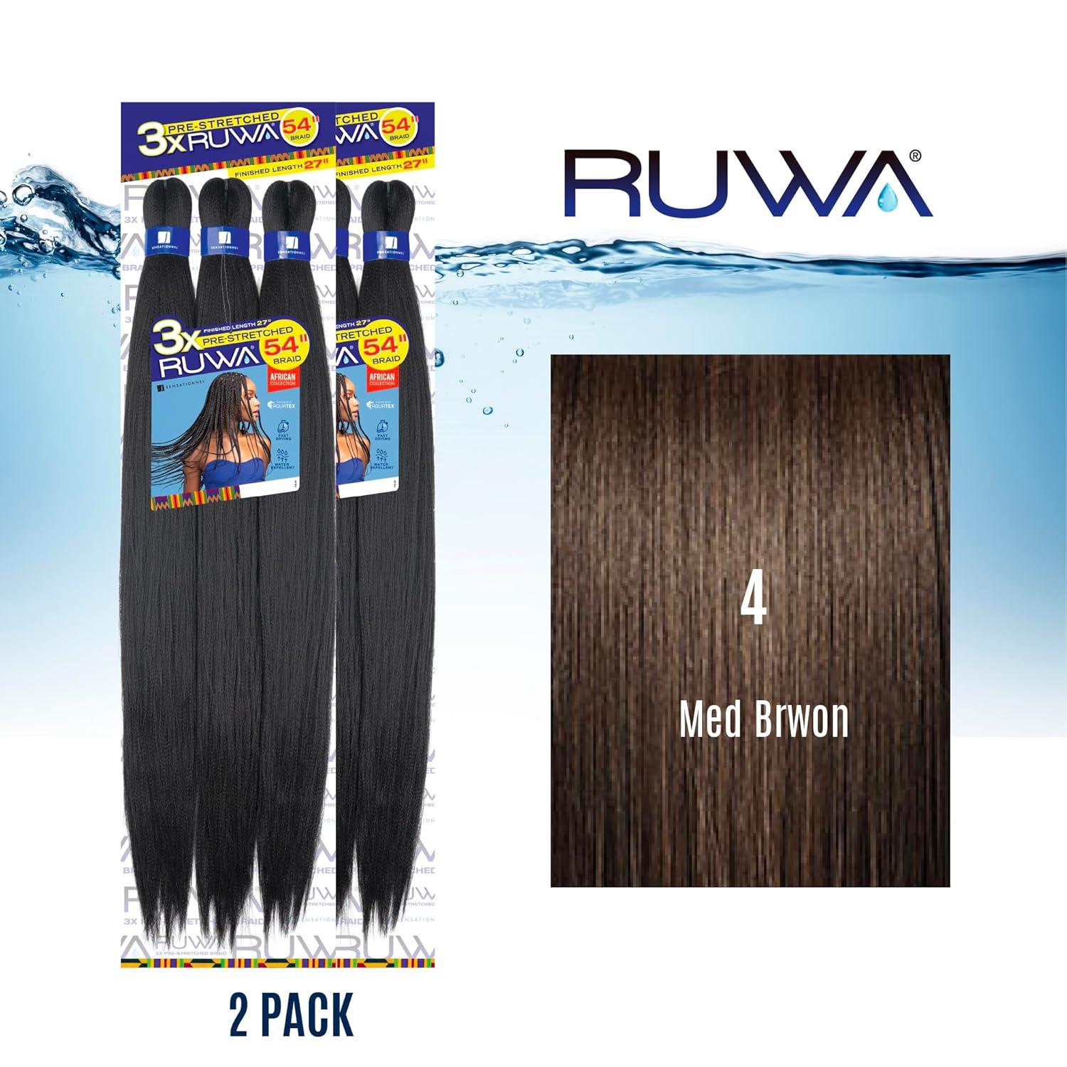 imageSensationnel Ruwa prestretched braiding hair 3x 54 inch water repellent kanekalon fast dry synthetic sports itch free 1 pack 1 JETBLACK4 MEDBROWN