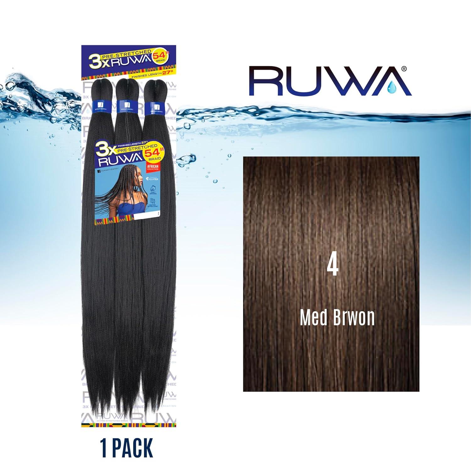 imageSensationnel Ruwa prestretched braiding hair 3x 54 inch water repellent kanekalon fast dry synthetic sports itch free 1 pack 1 JETBLACK4 MEDBROWN