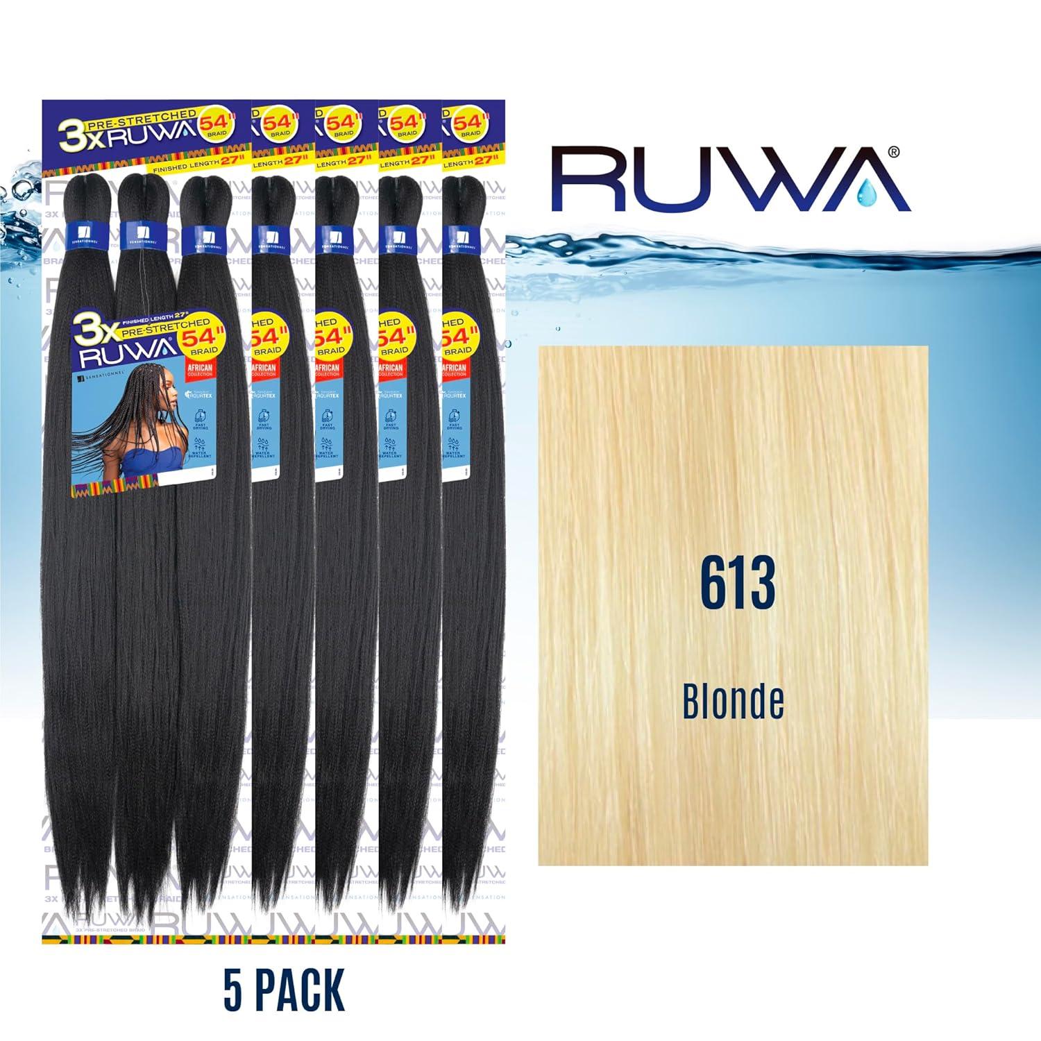 imageSensationnel Ruwa prestretched braiding hair 3x 54 inch water repellent kanekalon fast dry synthetic sports itch free 1 pack 1 JETBLACK613 BLONDE