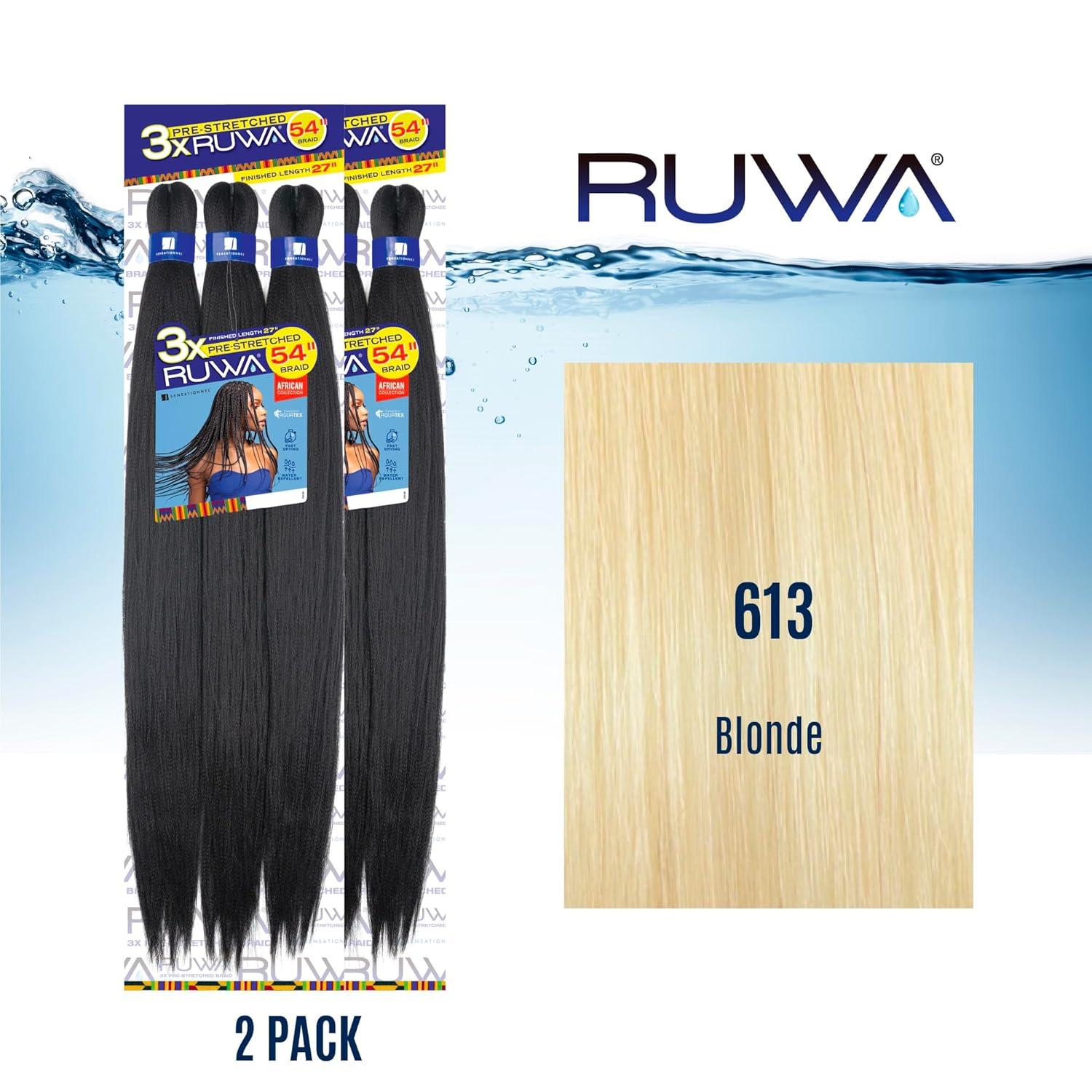 imageSensationnel Ruwa prestretched braiding hair 3x 54 inch water repellent kanekalon fast dry synthetic sports itch free 1 pack 1 JETBLACK613 BLONDE