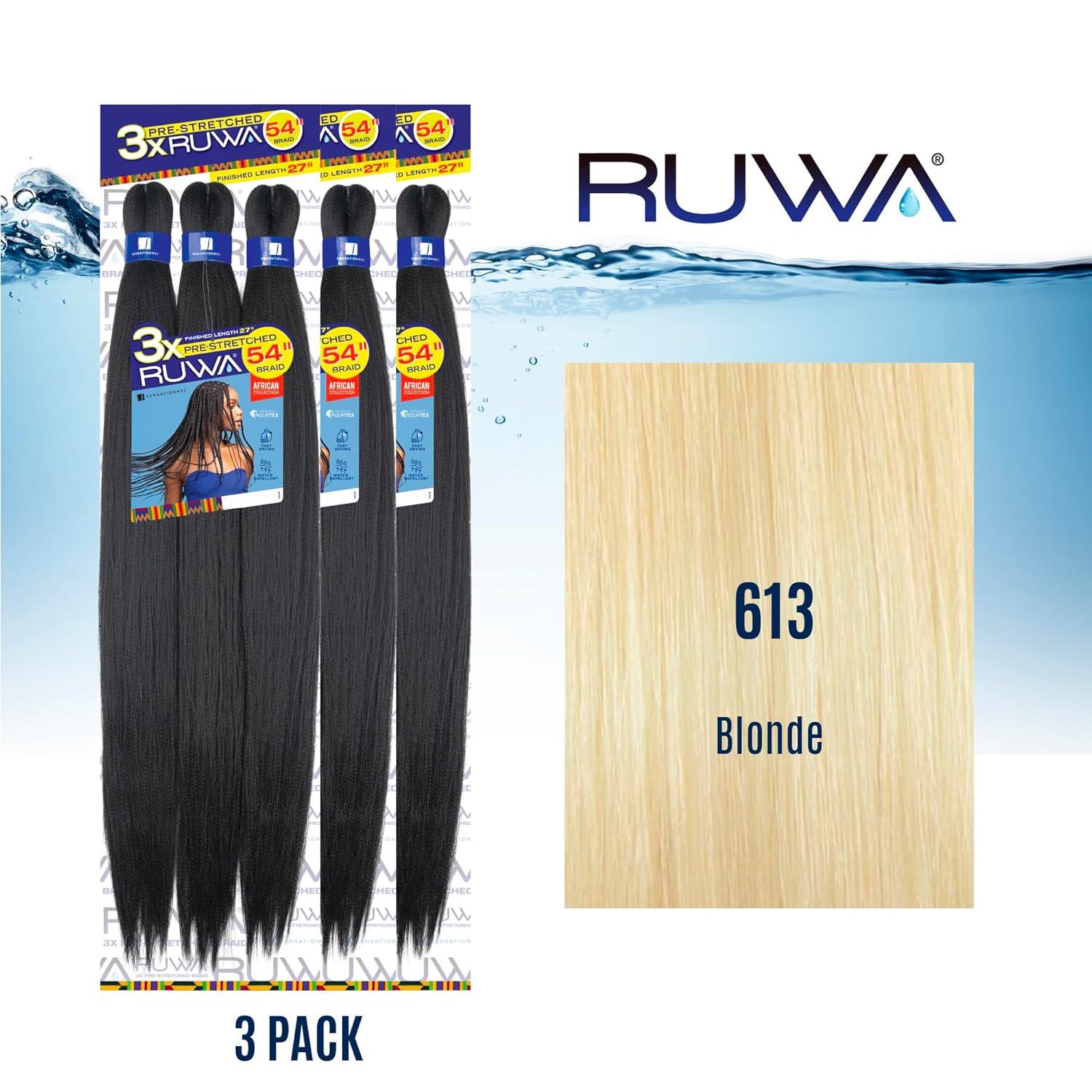 imageSensationnel Ruwa prestretched braiding hair 3x 54 inch water repellent kanekalon fast dry synthetic sports itch free 1 pack 1 JETBLACK613 BLONDE