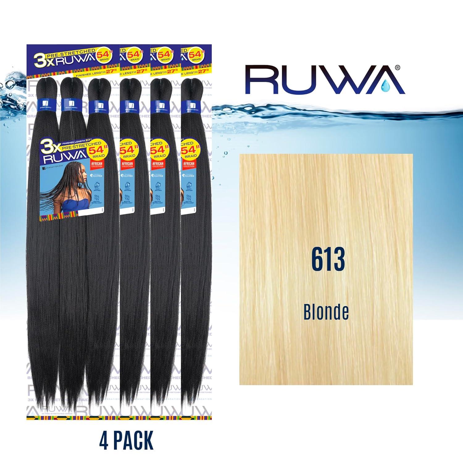 imageSensationnel Ruwa prestretched braiding hair 3x 54 inch water repellent kanekalon fast dry synthetic sports itch free 1 pack 1 JETBLACK613 BLONDE